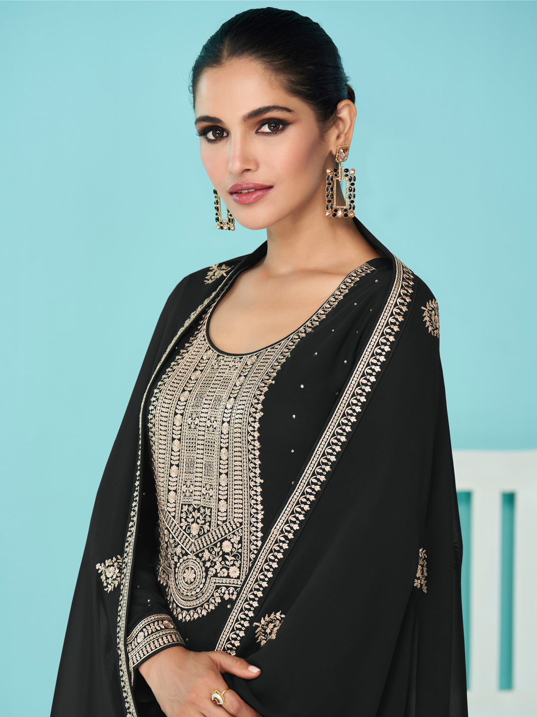 Elegant Black Pakistani Semi-Stitched Palazzo Suit with Exquisite Embroidery | Perfect for Weddings, Parties & Festive Occasions