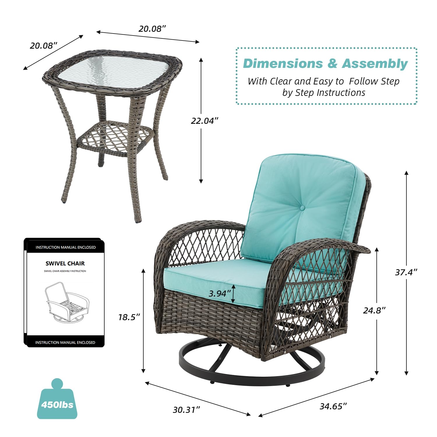 EROMMY 3-Piece Outdoor Swivel Rocking Chair Set with 360° Rotation, Thickened Cushions & Glass Coffee Table - Patio Conversation Furniture for Backyard, Garden or Poolside (Blue)
