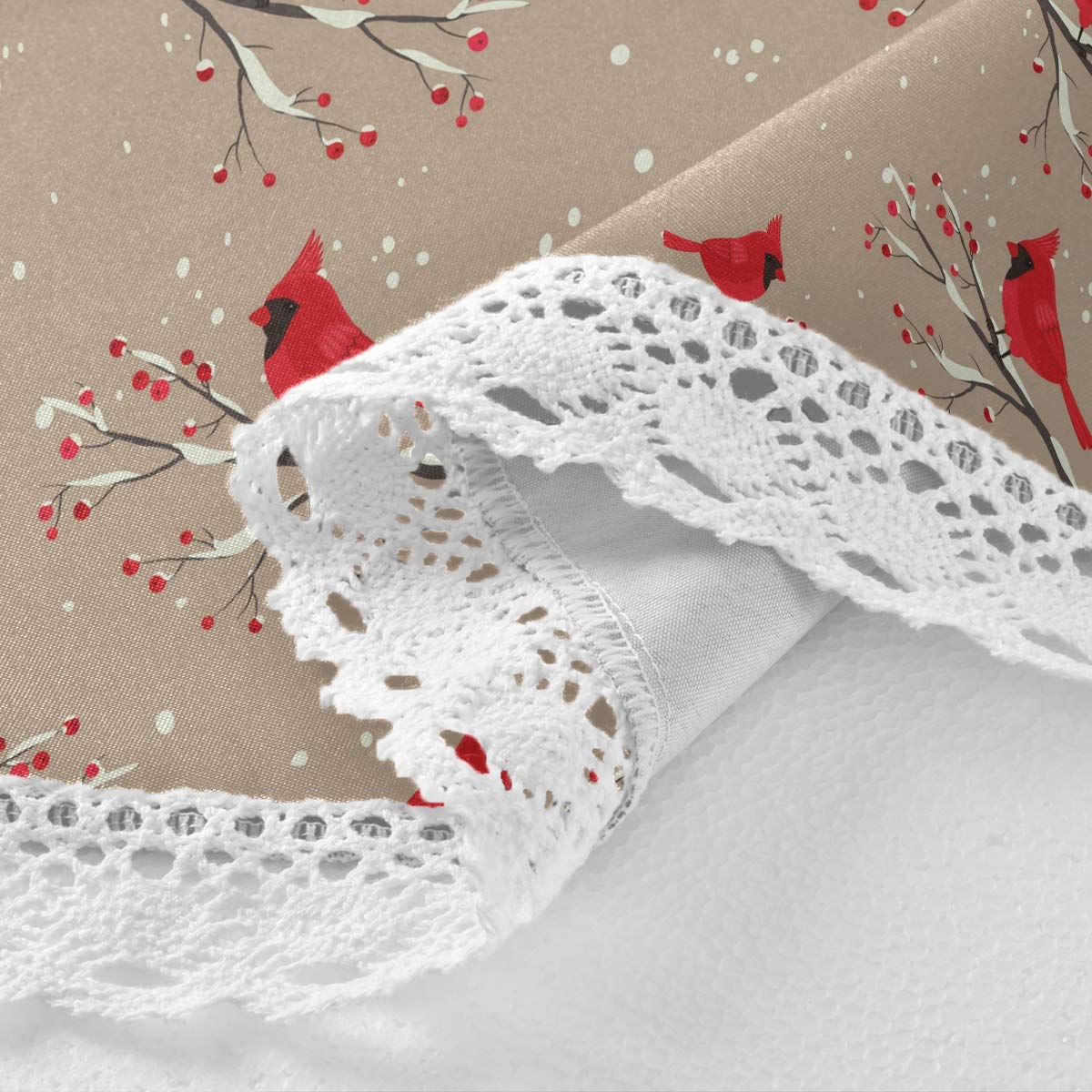 Winter Cardinals Snowflakes Holly Berries White Lace Round Tablecloth - 60 Inch Polyester Table Decoration for Christmas Party, Dinner Table Decor - Perfect for Holiday Gatherings & Festive Dining