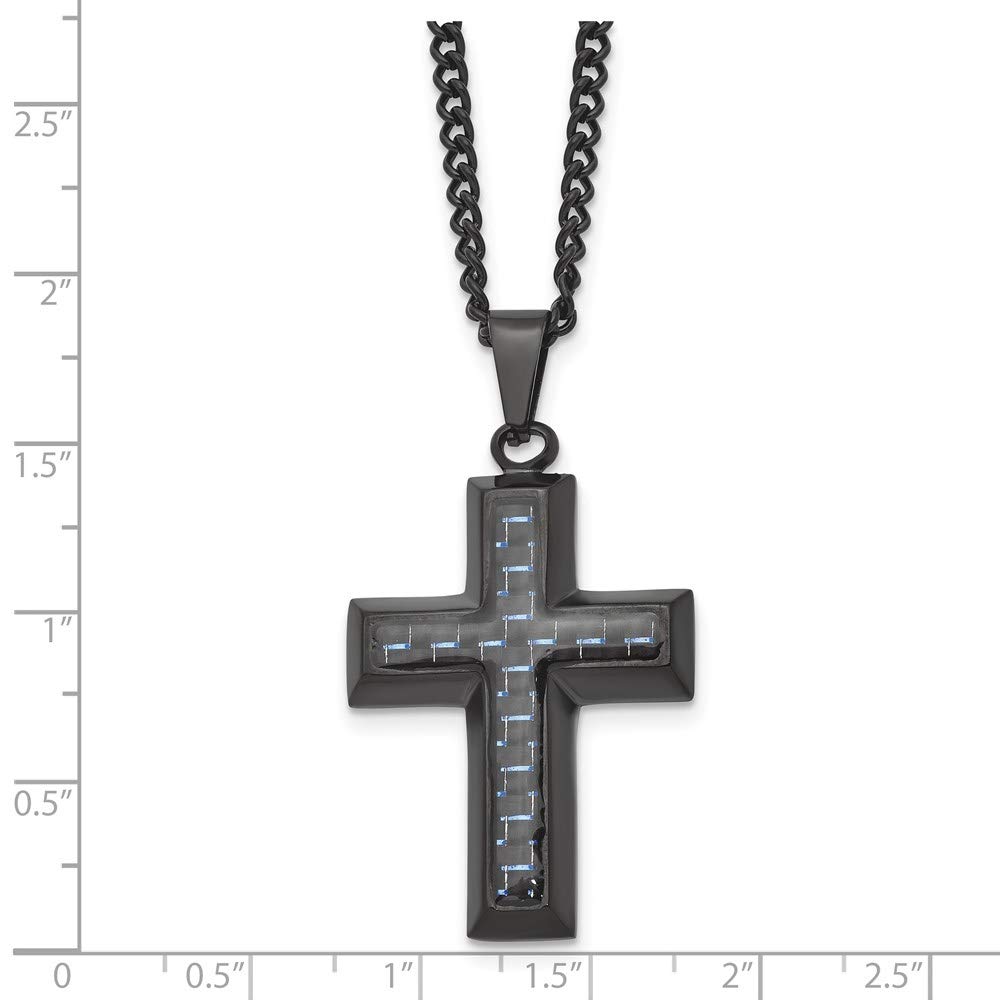 Black Bow Black Plated Stainless Steel Blue Carbon Fiber Cross Necklace - 24 Inch Religious Jewelry for Men & Women - Perfect for Church, Gifts, and Everyday Wear