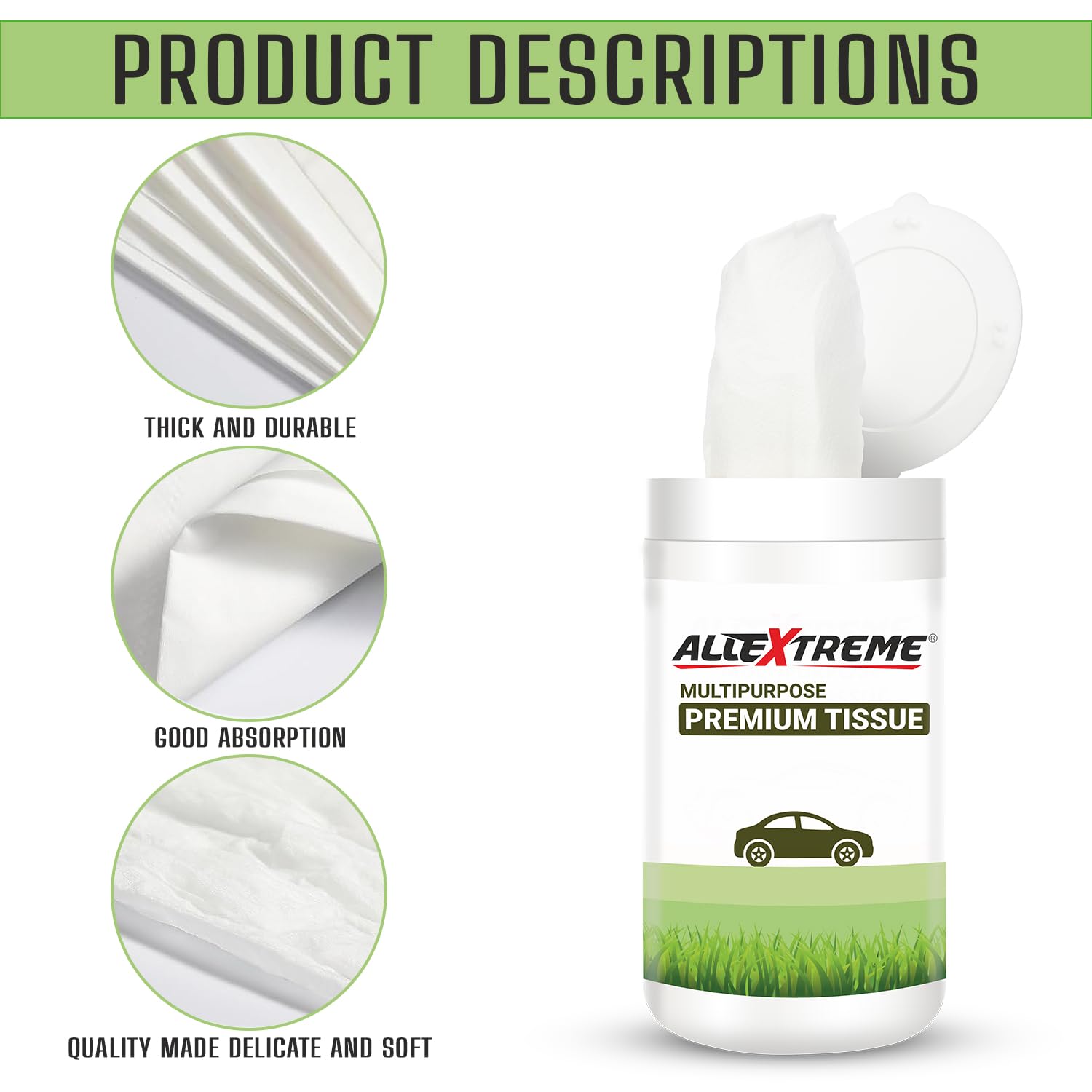 AllExtreme Portable Multi-Purpose Tissues Cup Holder Cylinder Tissue Box Napkin Case - 50 Pulls for Car, Home & Travel (Pack of 5: 1 Canister with Tissues + 4 Refills) | Perfect for Road Trips, Office Desks & Baby Changing Stations