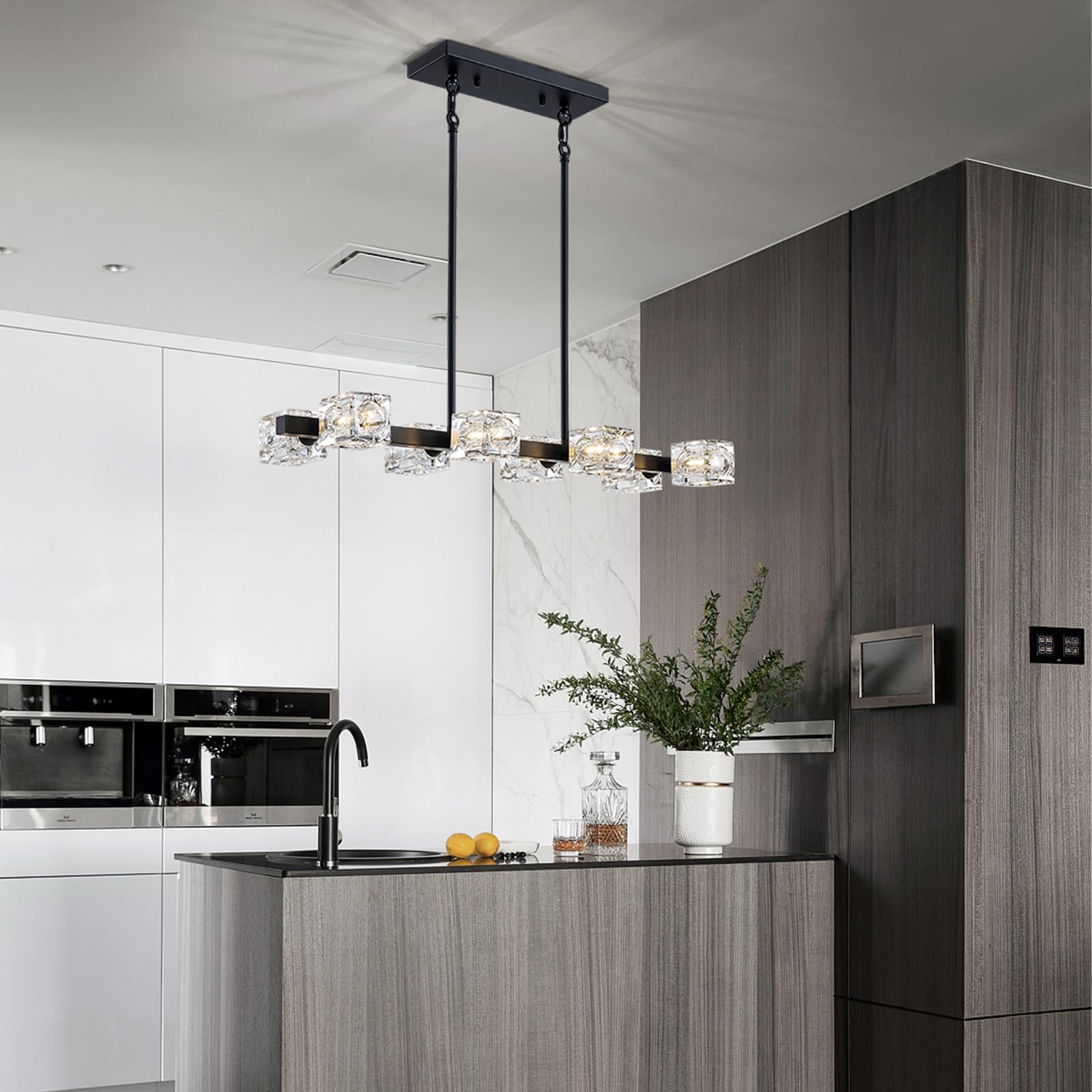 Modern Black Rectangular Linear 8-Light Chandelier - Metal & Glass Farmhouse Lighting Fixture for Dining Room, Kitchen Island, Office & Living Room | Elegant Ceiling Light for Home Decor & Interior Design