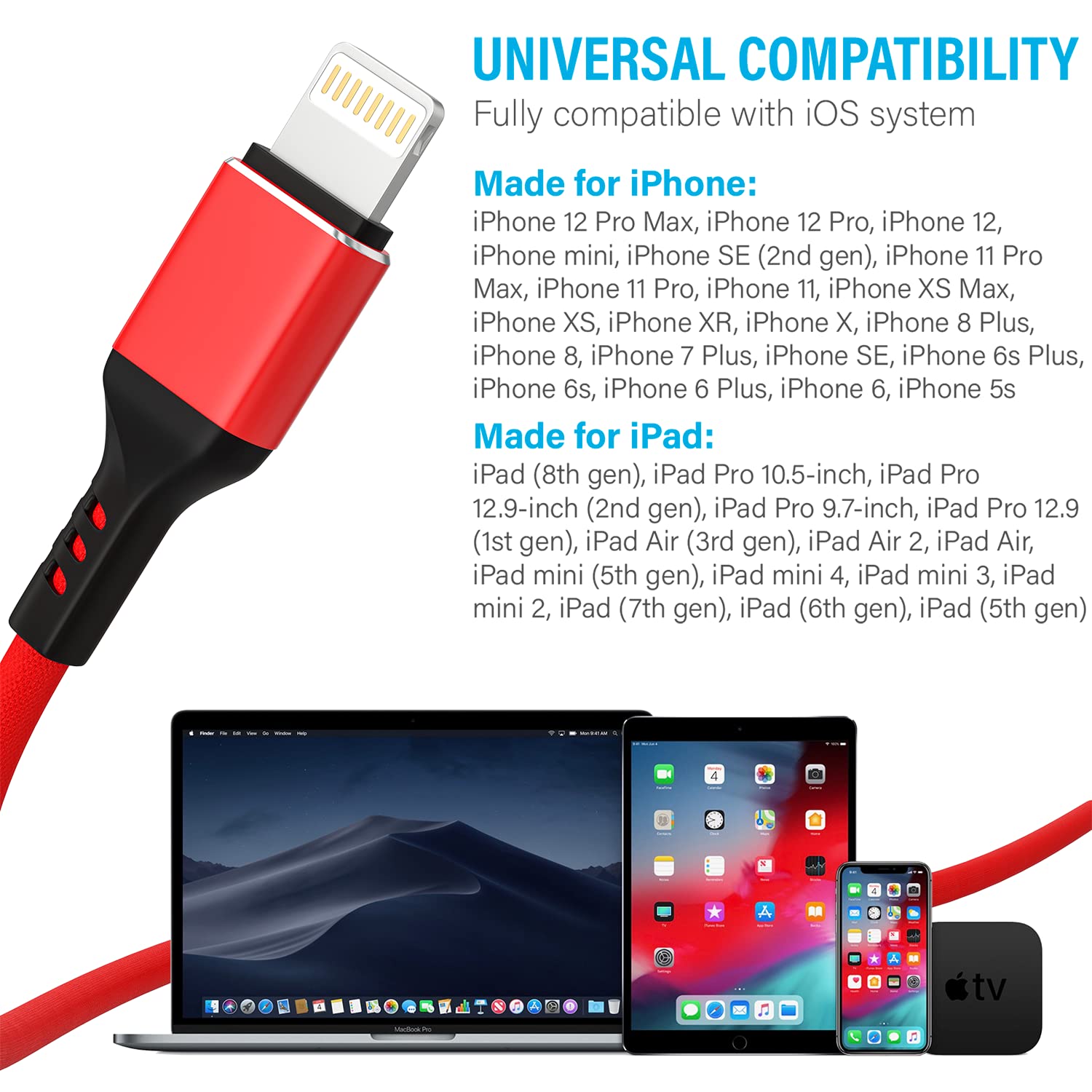 Ironten 50 Pack 6FT MFi Certified Lightning Cable - Fast Charging & High Speed Data Sync USB Cable for iPhone 14/13/12/11 Pro Max/Plus/XS MAX/XR/XS/X/8/7 Plus (Red) - Perfect for Home, Office & Travel Charging Needs