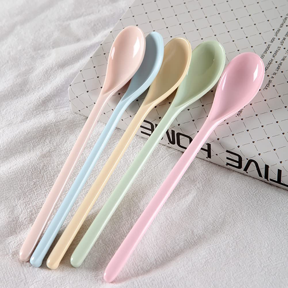 5-Piece Long Handle Melamine Spoons - Colorful Coffee & Cocktail Stirring Spoons, Yogurt Mixing Teaspoons for Ice Cream, Milk, and Beverages - Perfect for Home, Cafe, and Party Use