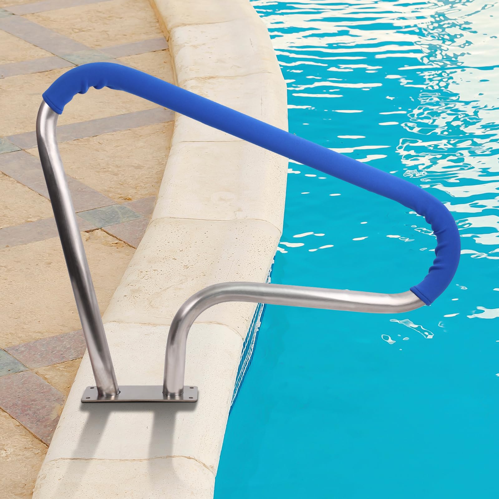 39 x 32 Inch 304 Stainless Steel Swimming Pool Handrail - Rustproof Inground Pool Stair Rail with Non-Slip Blue Grip Cover - Perfect for Pool Safety, Elderly Assistance & Easy Pool Entry/Exit