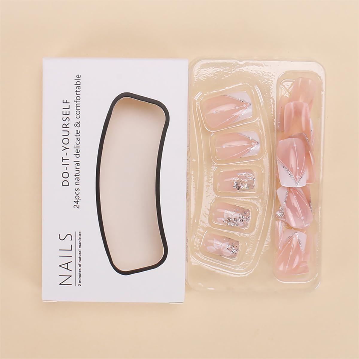 24pcs Short Square Press on Nails - French Tip Fake Nails with White Flower & Star Glitter Design | Luxury Nail Charms for Women | Perfect for Parties, Weddings & Daily Manicure