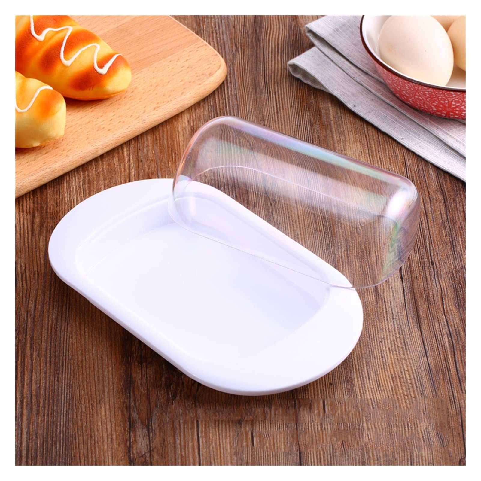 Ceramic Butter Dish with Wooden Lid - Airtight Butter Keeper, Cheese Storage Container, Food Cover for Kitchen, Restaurant - Durable & Portable (White) - Perfect for Home, Kitchen, Restaurant, and Picnic Use