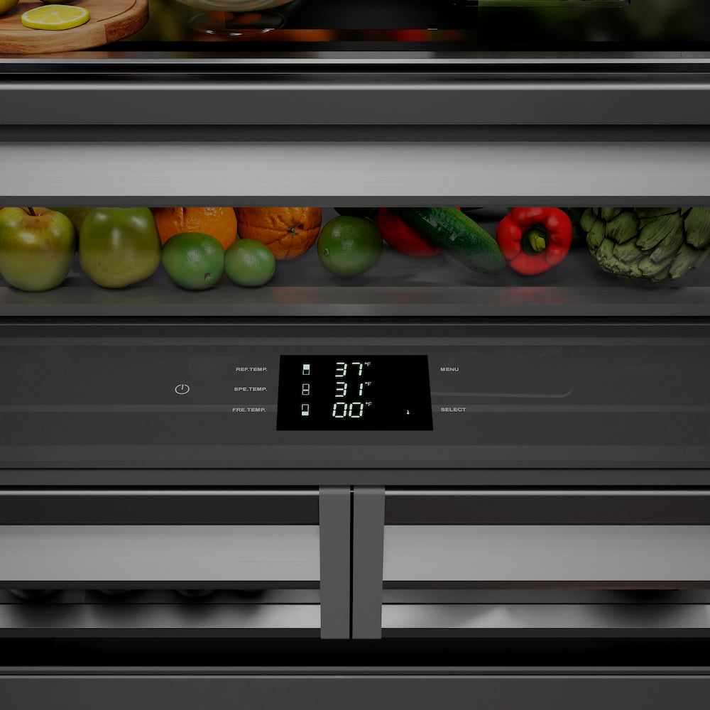 ZLINE Autograph Edition 36 Inch 19.6 cu ft French Door Built-In Bottom Freezer Refrigerator with Water Dispenser & Ice Maker - Stainless Steel with Graphite Gray Interior & Polished Gold Accents (GRBIVZ 304 36G) - Perfect for Modern Kitchens & Luxury Homes