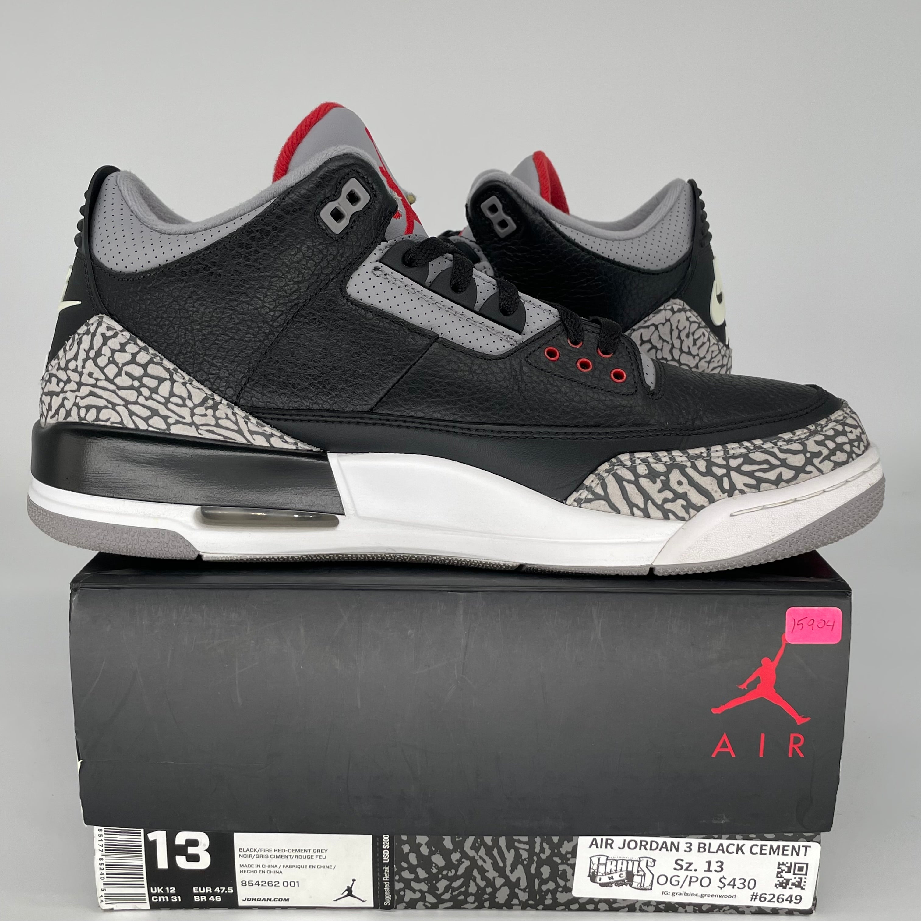 Original Air Jordan 3 Retro 'Black Cement' Men's Basketball Shoes - Size 13 (854262-001) - Perfect for Sneaker Collectors & Streetwear Fashion