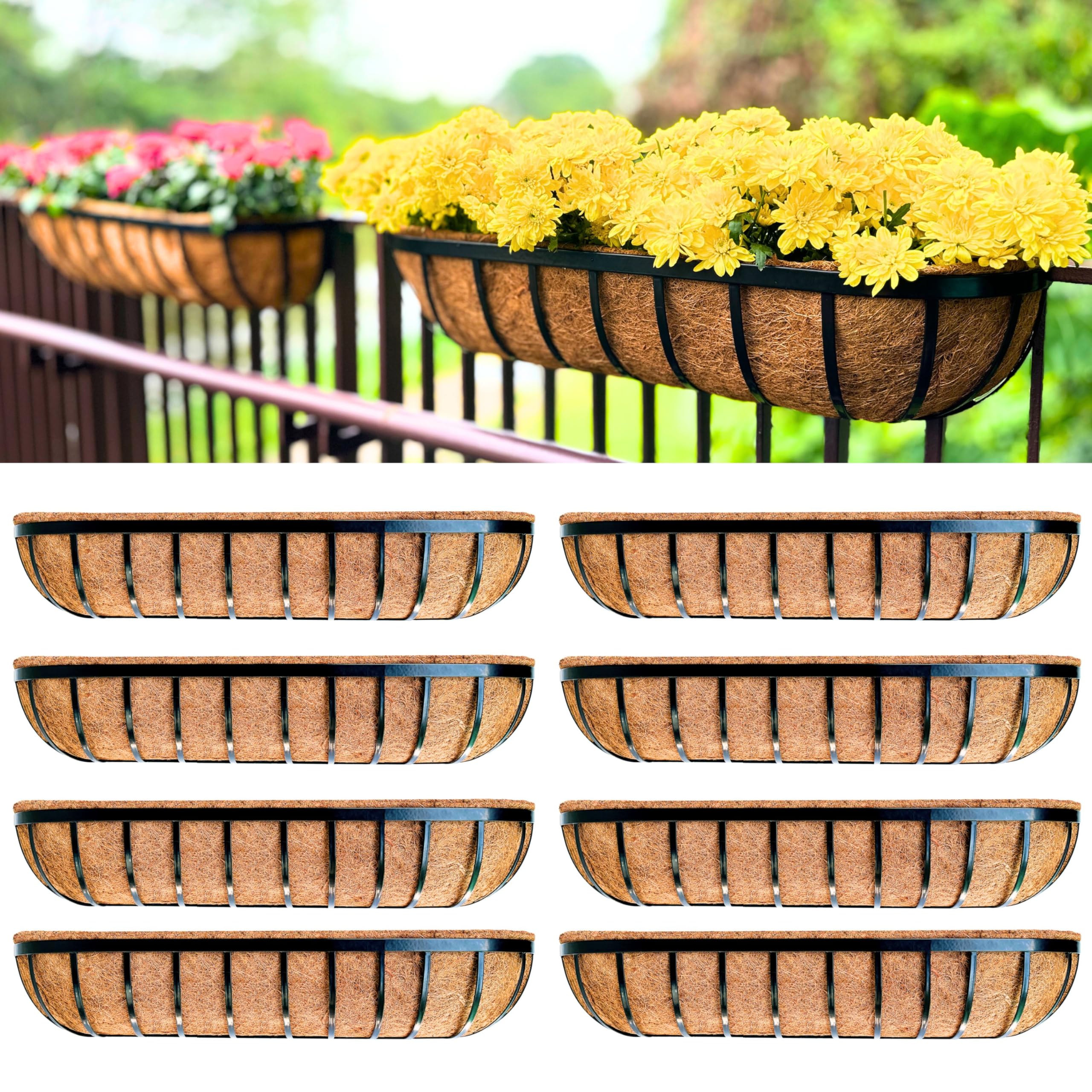 LaLaGreen 8-Pack 36 Inch Deck Railing Planter Boxes with Coco Liners - Outdoor Window Flower Boxes for House, Wall, Fence & Balcony | Perfect for Porch Rail Gardens, English Horse Trough Style Planters & Outdoor Greenery Displays