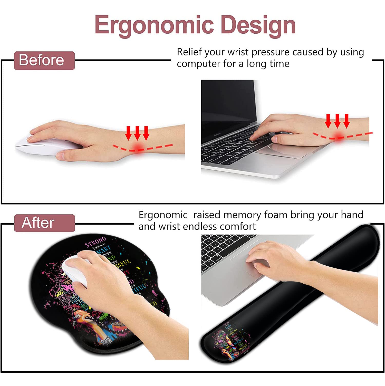 Ergonomic Mouse Pad with Wrist Support Gel - Comfortable Wireless Mouse Pad for Pain Relief, Non-Slip Rubber Base - Inspirational Office Accessories for African American Women - Perfect for Home & Office Workspaces