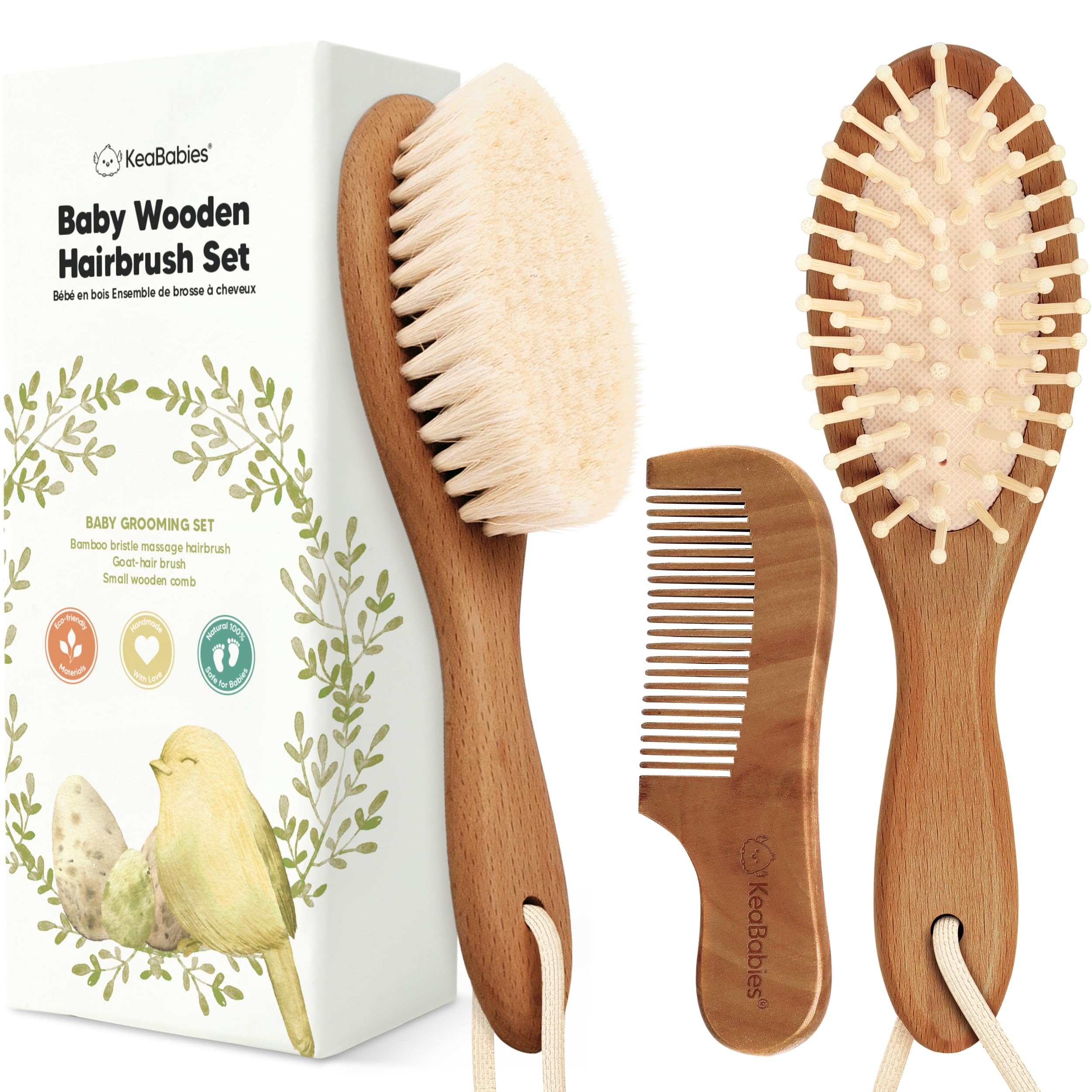 Wooden Baby Hair Brush & Comb Set for Newborns - Soft Goat Bristle for Gentle Hair Care at Home