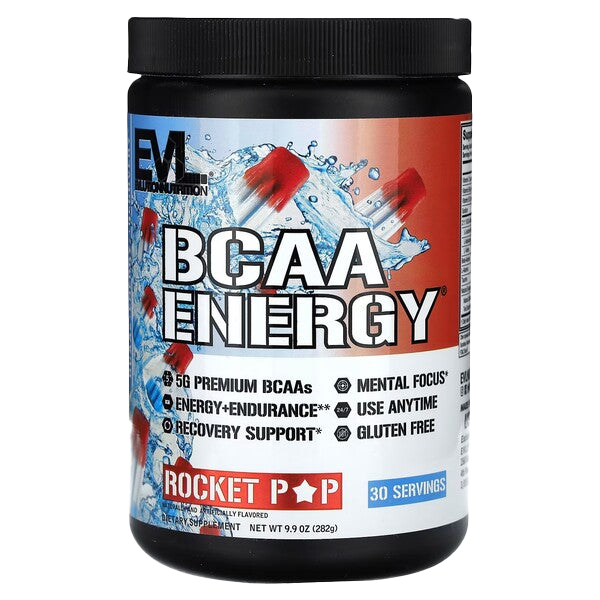 EVLution Nutrition BCAA Energy Powder - Rocket Pop Flavor 282g | Pre-Workout Supplement for Muscle Recovery & Endurance | Ideal for Gym, Running & Fitness Enthusiasts