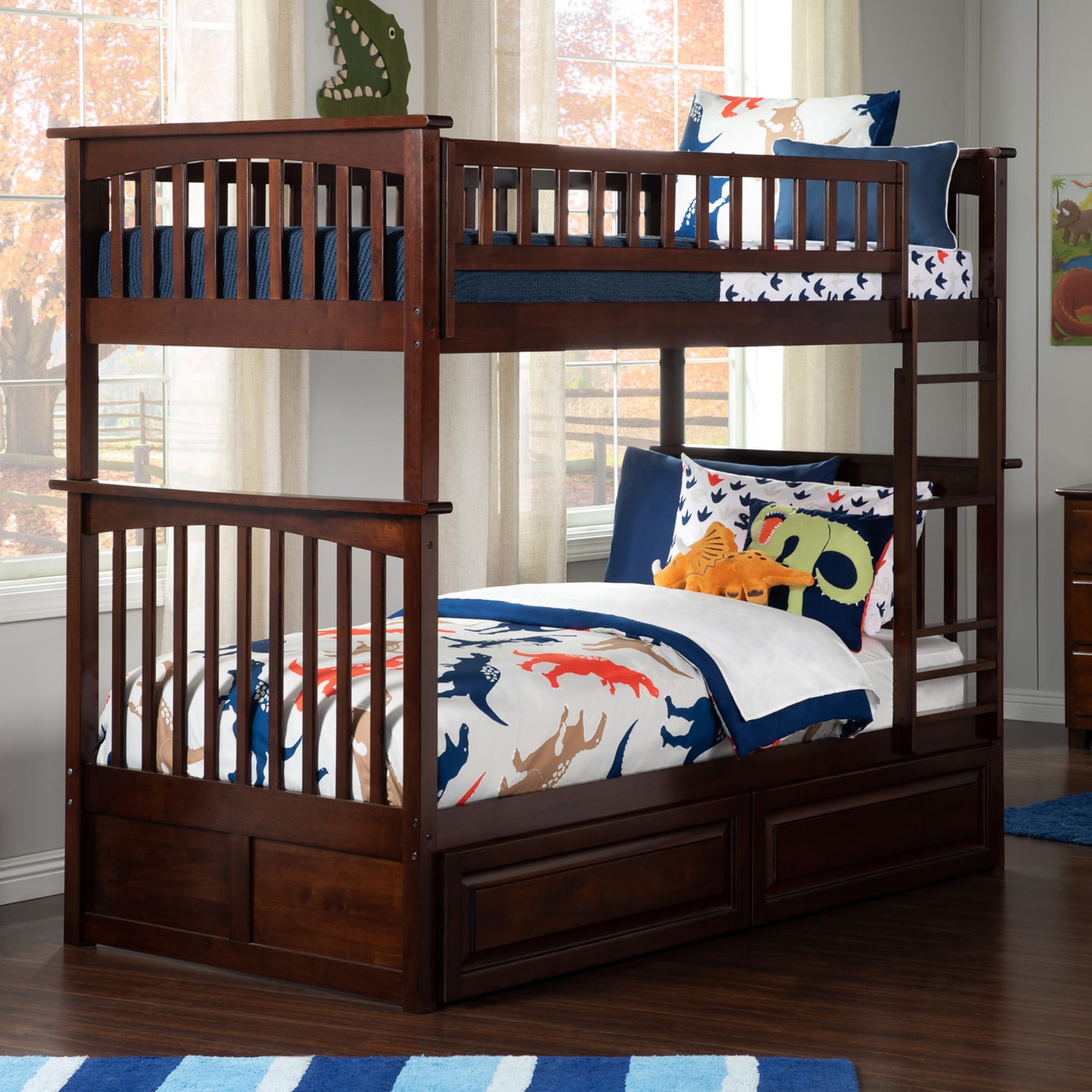 AFI Columbia Twin Over Twin Bunk Bed with Storage Drawers & USB Charging Station - Solid Walnut Wood for Kids' Bedroom, Guest Room & Space-Saving Solutions