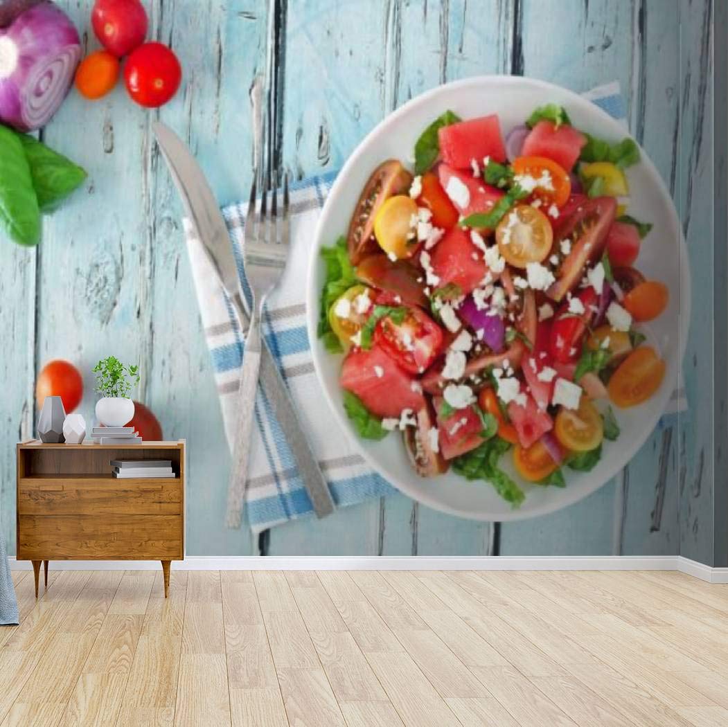 Healthy Watermelon and Tomato Salad with Feta Canvas Print - Self-Adhesive Peel & Stick Wallpaper Mural for Living Room, Kitchen, Bedroom Decor | Vibrant Food Art Wall Decal & Home Craft Sticker