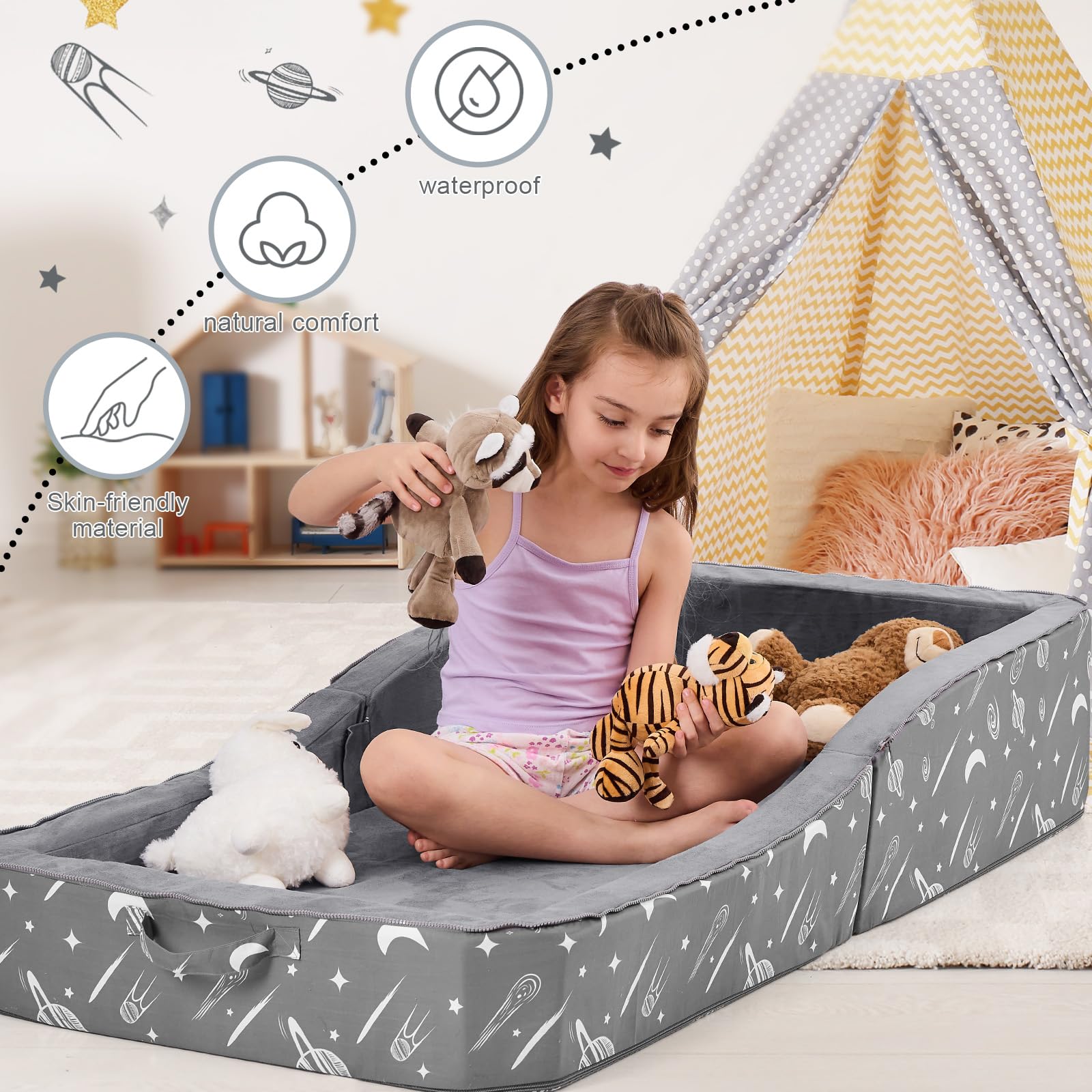 JOYWOO Toddler Floor Bed - Foldable Portable Travel Bed for Kids 3-6 Years | Washable Cloth Cover | Perfect for Home, Playtime, Naps & Hotels | Charcoal Grey Kids Sleeping Cot for Daycare & Sleepovers