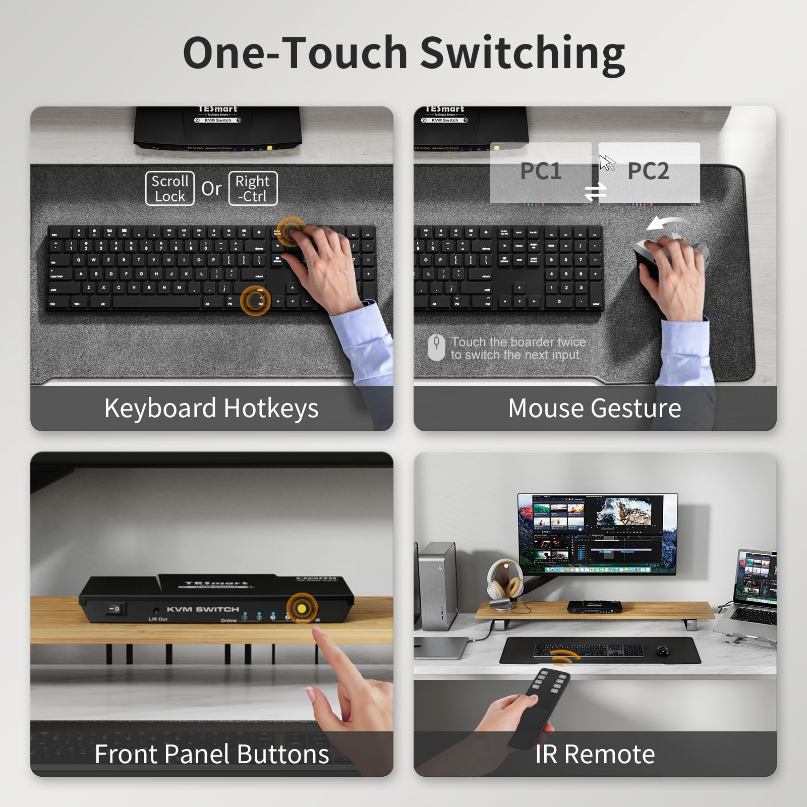 TESmart 2 Port HDMI KVM Switch 4K@60Hz - 1 Monitor Control for 2 Computers with EDID Emulator, USB 2.0, Audio Support, Hotkey & Button Switching, Includes Remote & Cables - Perfect for Home Office & Multi-PC Workstations