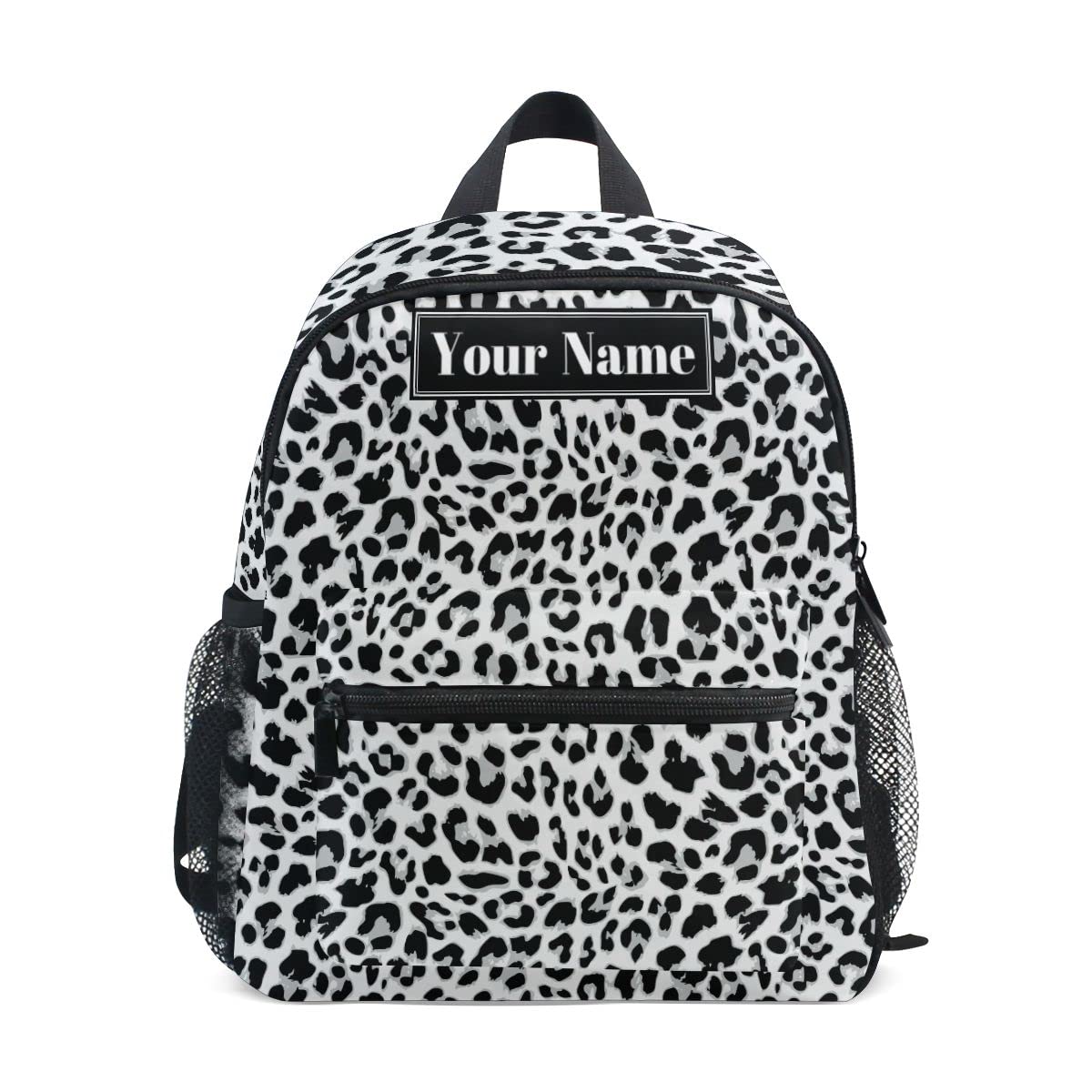 Personalized Preschool Backpack with Adjustable Chest Strap - Custom Name/Text Daycare Bag for Boys & Girls - White Black Leopard Print Nursery & Diaper Bag - Perfect for School, Travel & Outdoor Activities