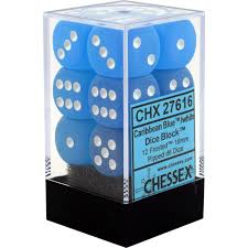 Chessex 12-Pack 16mm Frosted Caribbean Blue & White Pipped D6 Dice Set – Perfect for D&D, Board Games, and Tabletop RPGs