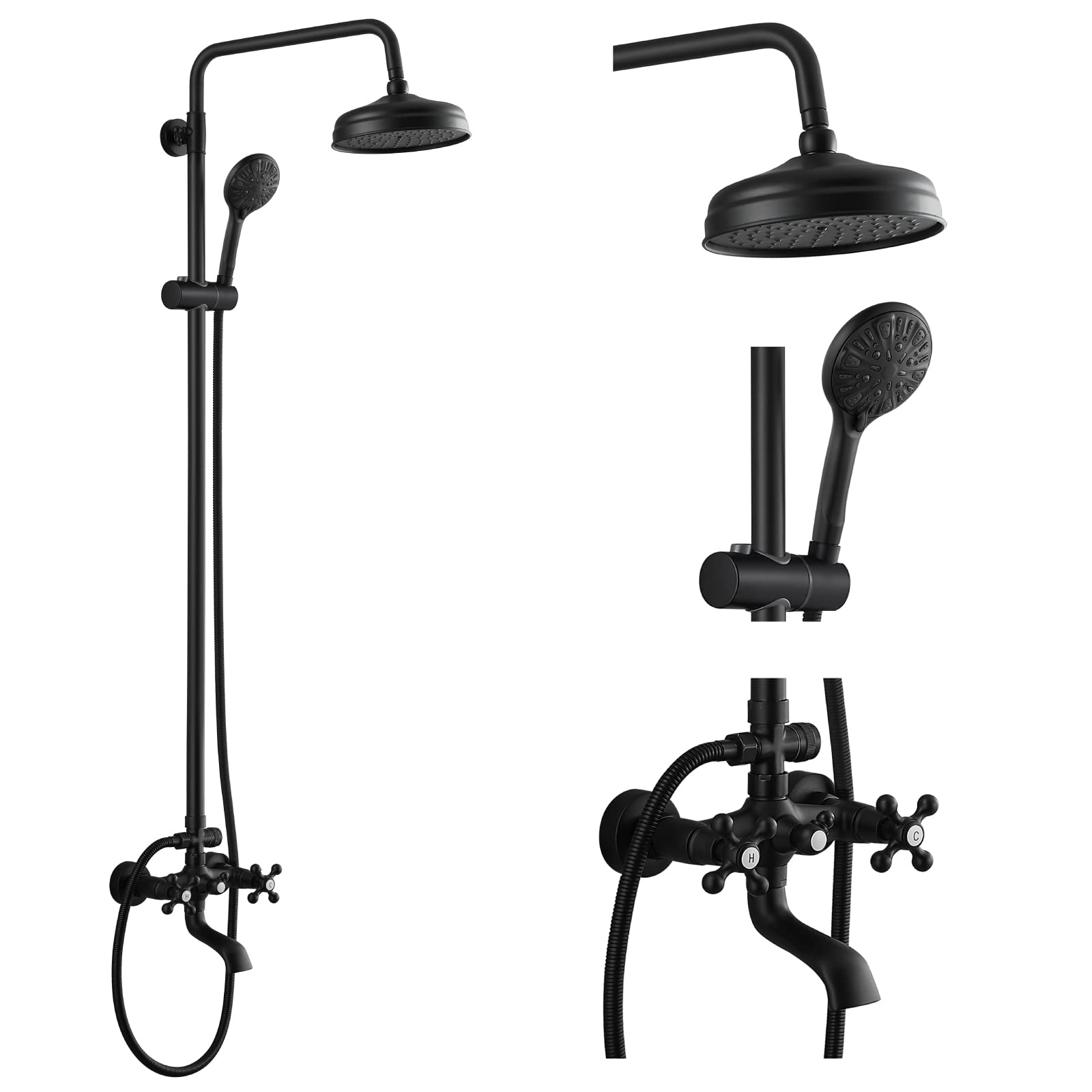 Gotonovo 8 Inch Round Rain Shower Head with Double Cross Handle & Tub Spout - Matte Black Wall Mount Bathroom Faucet Mixer - 3 Function ABS Handheld Sprayer for Luxurious Spa-Like Shower Experience