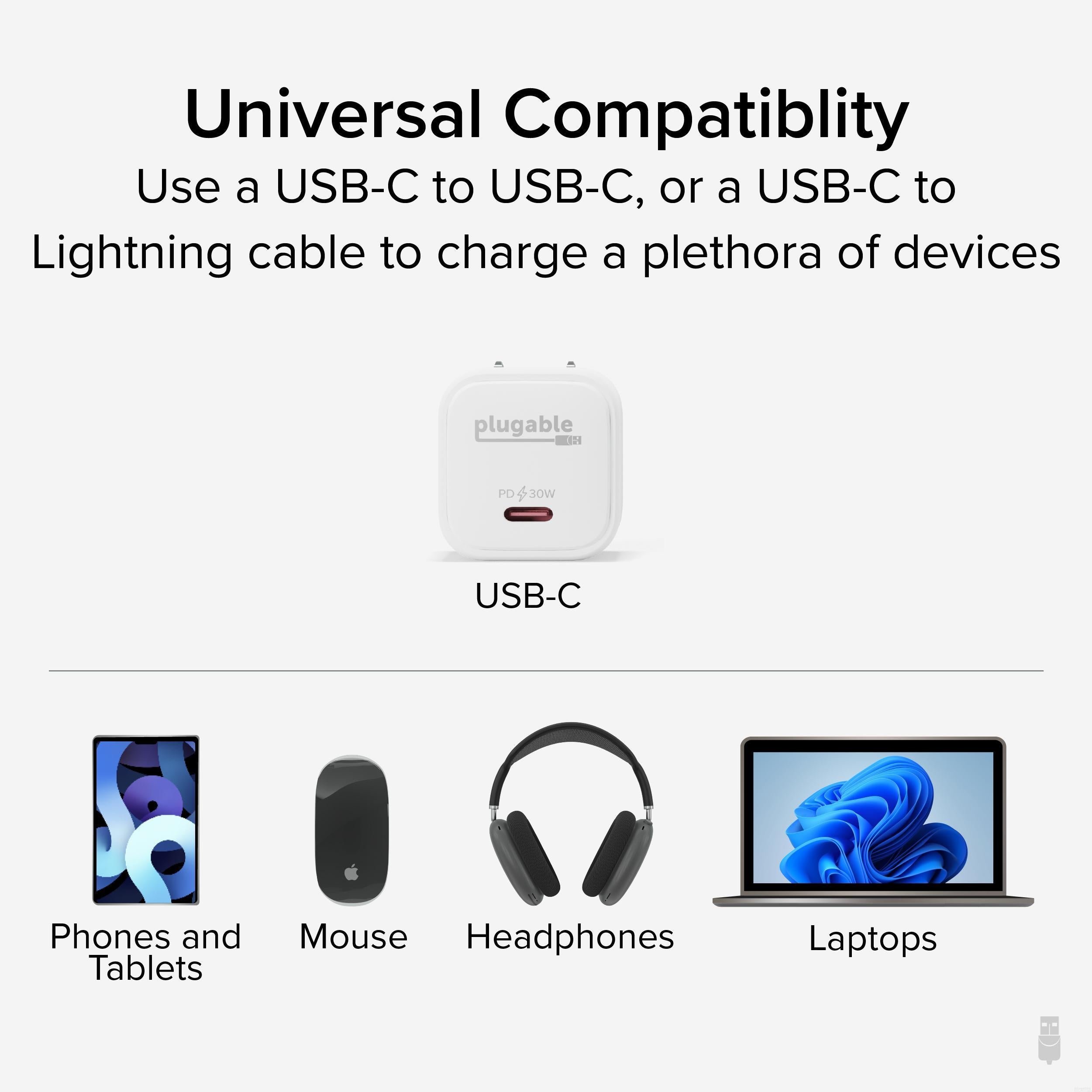 Plugable GaN USB C Charger Block 30W Fast Charger - Compact & Powerful USB-C Wall Charger for iPhone 15/14/13, Samsung Galaxy, iPad, MacBook - Perfect for Travel, Home & Office Use