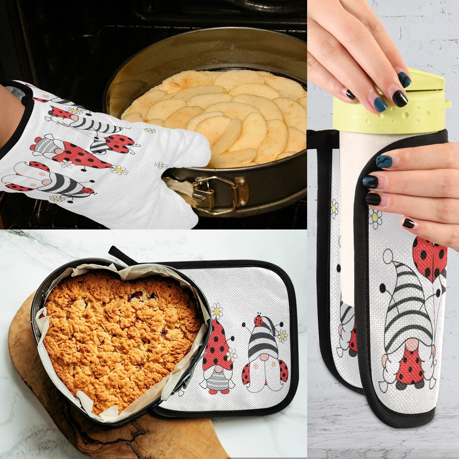 QUGRL Ladybug Gnomes Oven Mitts and Pot Holders Set - Heat Resistant Kitchen Gloves for Baking, Cooking & BBQ - Summer Garden Themed Hot Pads for Safe Cookware Handling