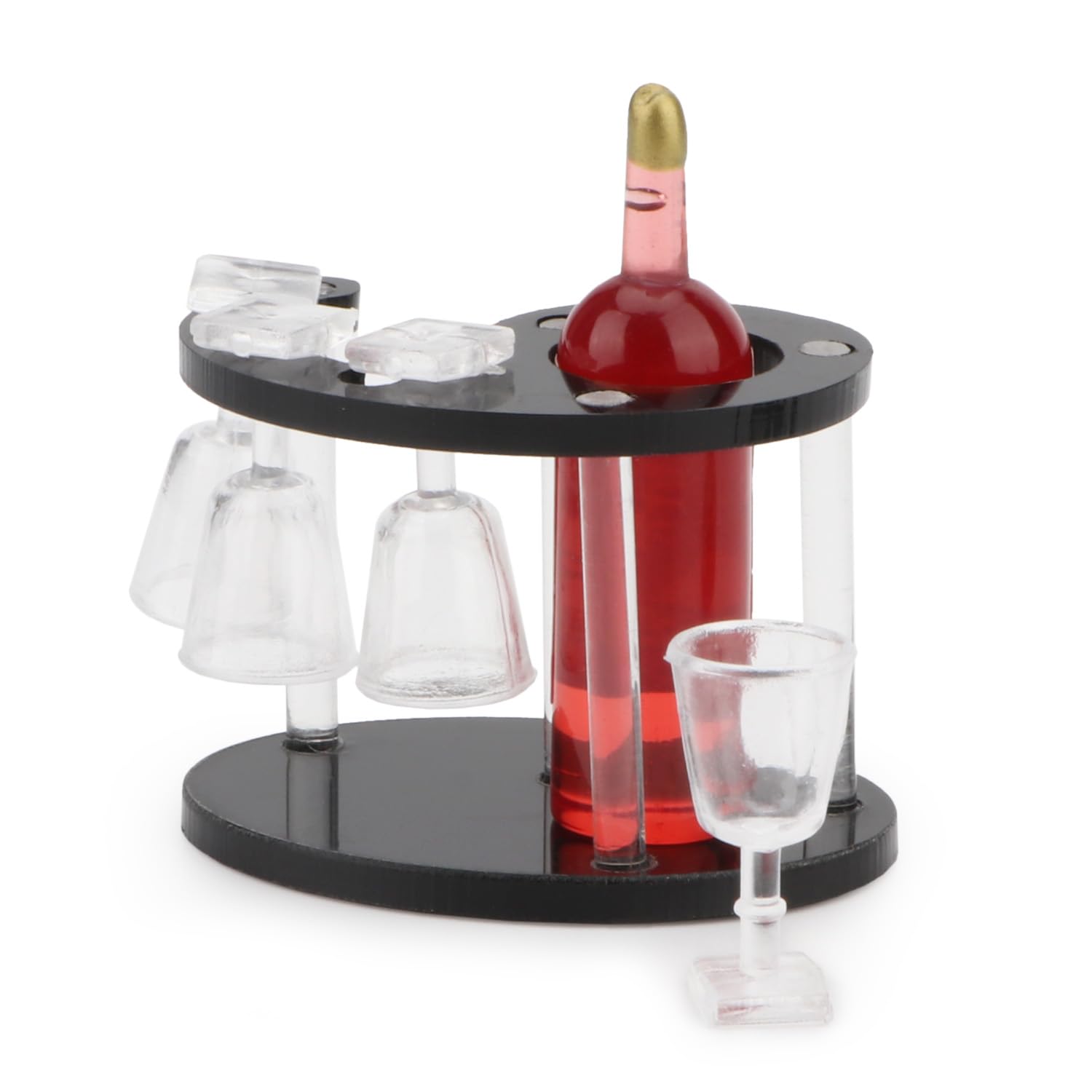 Miniature Wine Glasses, Bottle & Spiral Rack Set - Dollhouse Bar Accessories, Kitchen Decor, Tabletop Display Holder (Red Bottle) - Perfect for Dollhouse Miniatures, DIY Crafts, and Collectible Displays