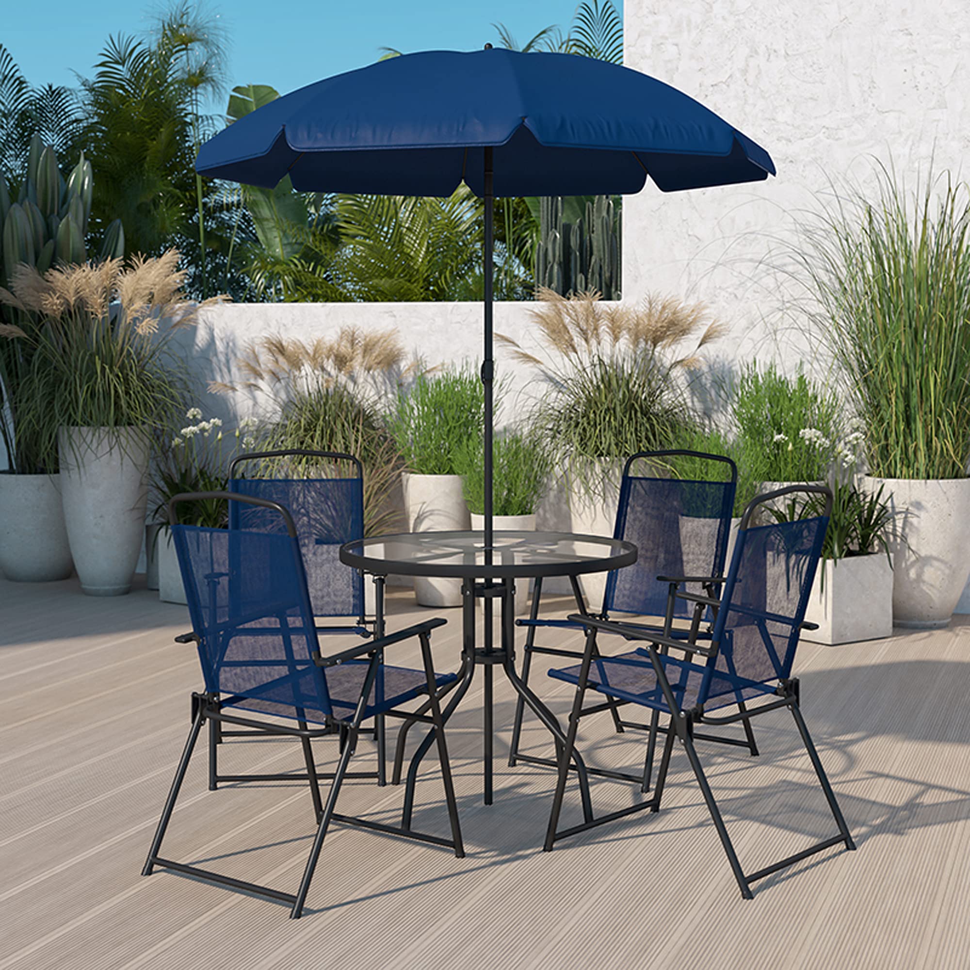 Flash Furniture Nantucket 6-Piece Patio Dining Set with Tempered Glass Table, 4 Folding Chairs & Sun Umbrella - Navy Blue Outdoor Furniture for Backyard, Garden, Poolside & Deck Dining