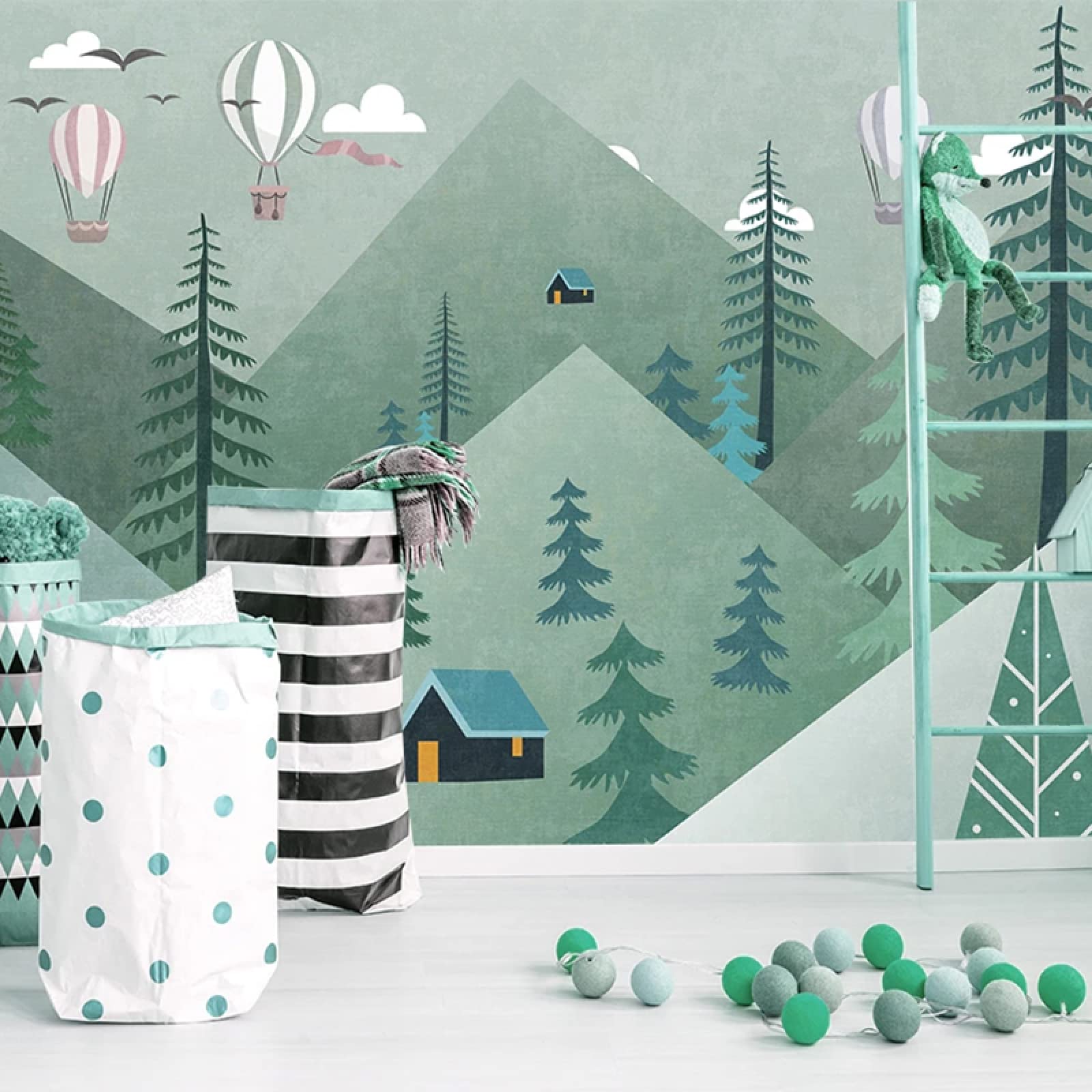 3D Cute Cartoon Geometric Mountain Forest Balloon Mural Wallpaper - 450x300cm Photo Wallpaper for Kids Bedroom & Nursery Decor | Perfect for Children's Room Background, Playroom, and Birthday Party Decoration