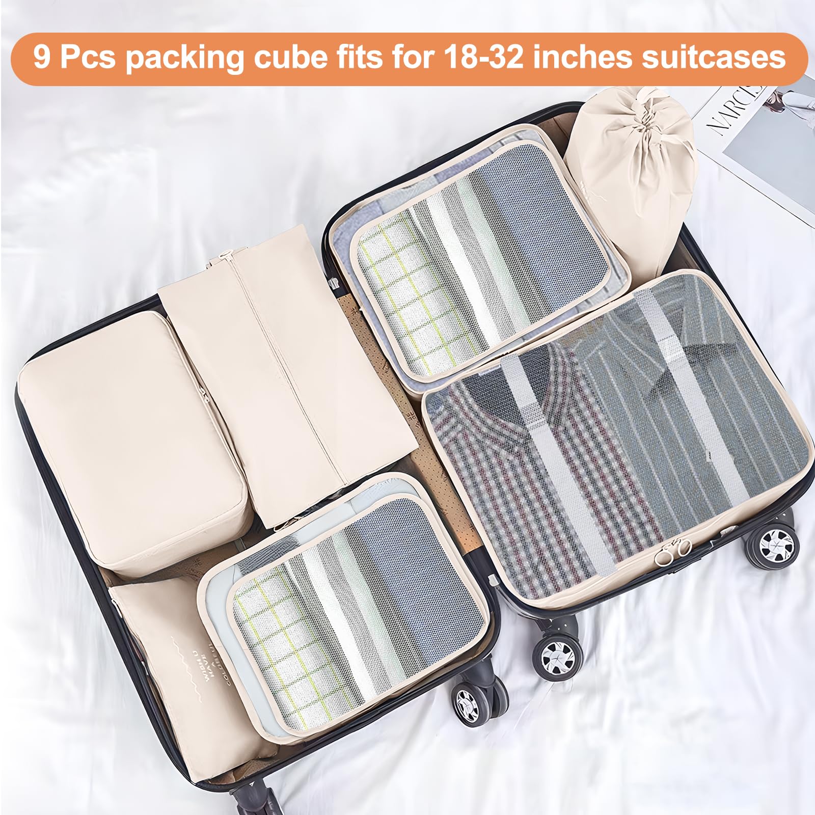 **9-Piece Packing Cubes Set for Travel - Breathable Mesh Luggage Organizer Bags for Suitcases, Durable Travel Essentials (Beige) - Perfect for Family Trips, Business Travel & Vacation Packing**