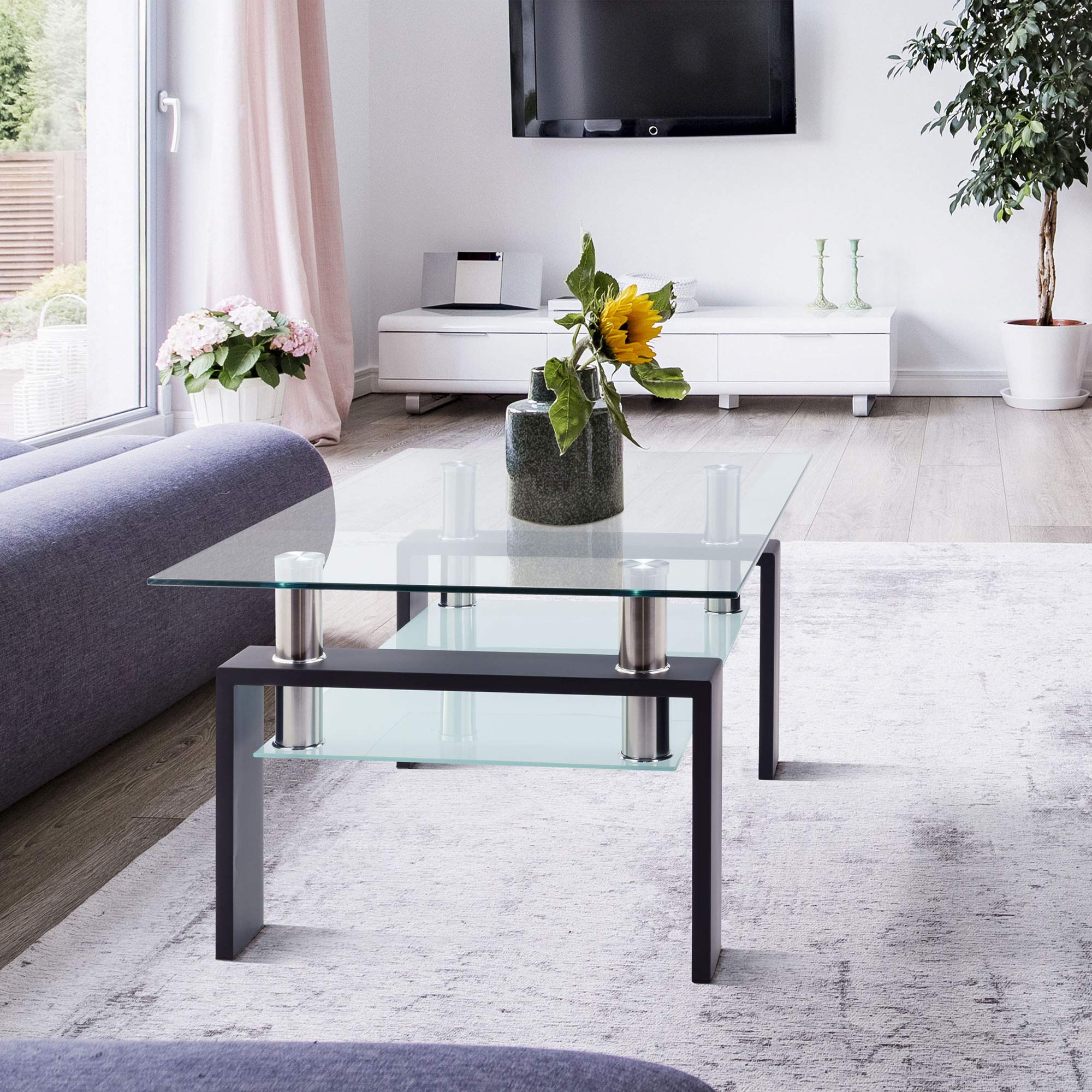 39.7 Inch Clear Glass Coffee Table for Living Room - Modern Rectangle Glass Coffee & Tea Table with Tempered Safety Glass - Perfect for Small Spaces, Apartments & Lounge Areas (39.7