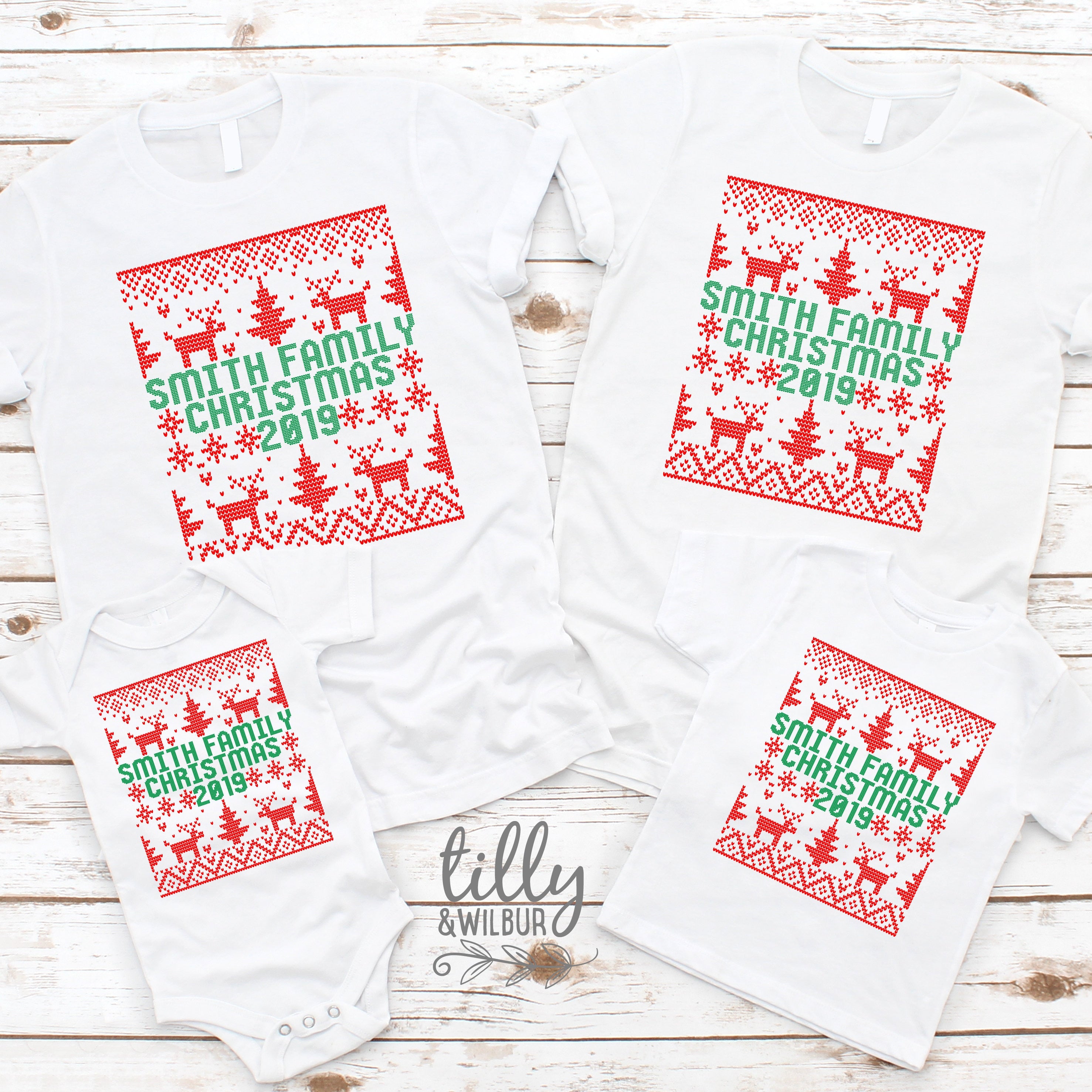 Custom Christmas Family Surname T-Shirts - Personalized Holiday Matching Outfits for Christmas Photos, Parties & Family Gatherings