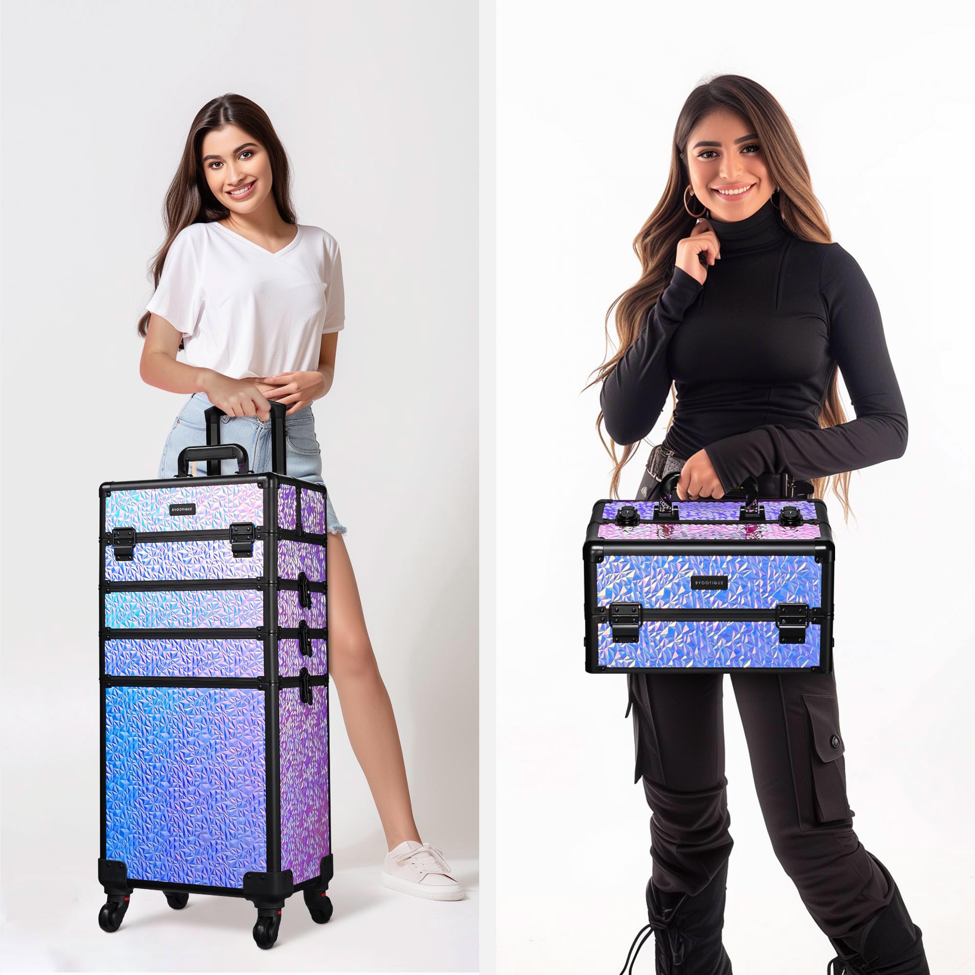 BYOOTIQUE 4-in-1 Rolling Makeup Train Case - Lockable Cosmetic Trolley Organizer with Wheels for Travel, Salon & Barber - Mermaid Purple | Perfect for Makeup Artists, Nail Technicians & Beauty Professionals On-The-Go