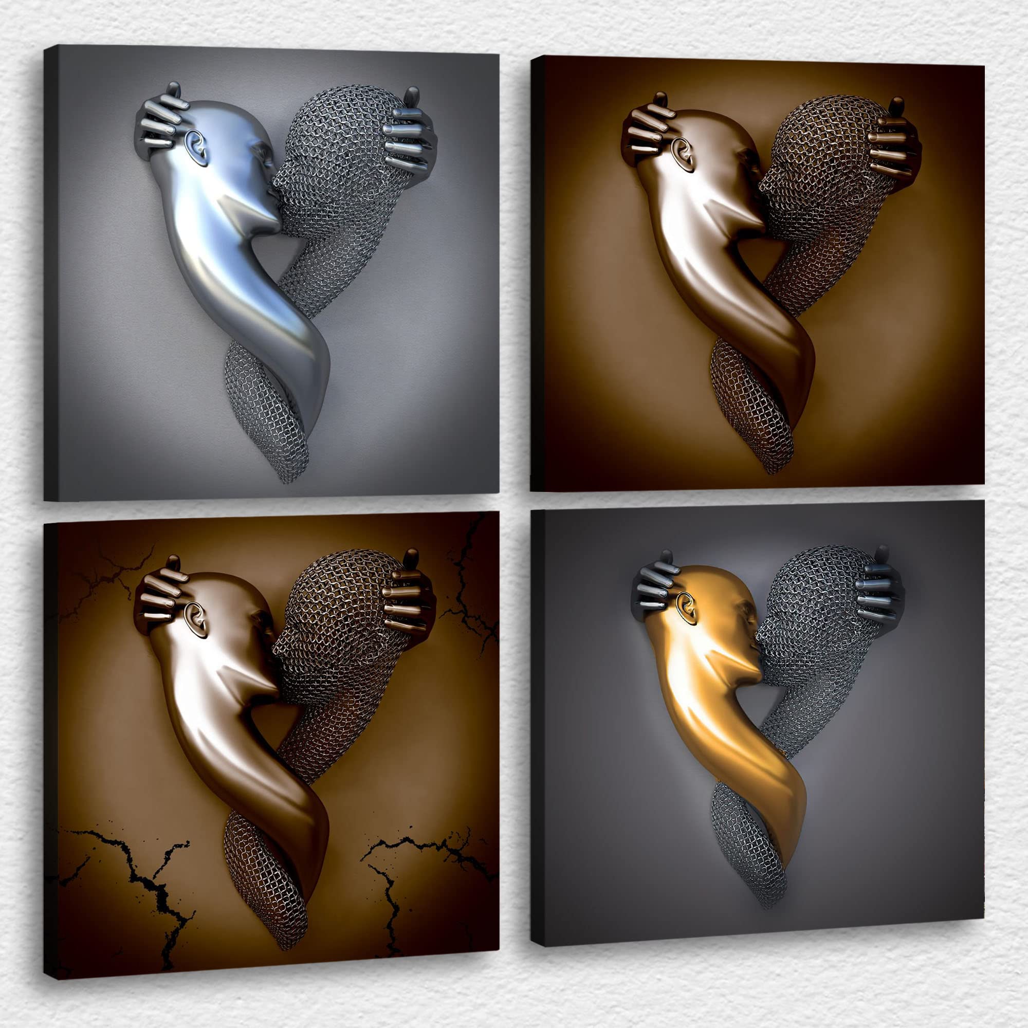 4 Piece Set 3D Canvas Wall Art - Love Heart Gray Modern Framed Painting for Bedroom Decor, Hugging Couple & Kissing Design (20”x20”x4Pcs) | Perfect for Home, Living Room, Wedding Gift & Romantic Interior Design