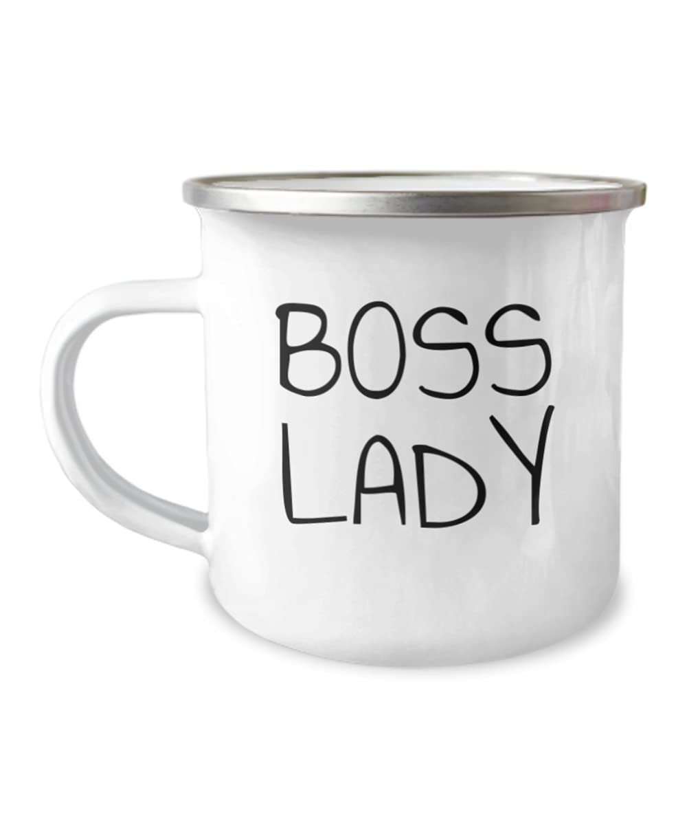 Boss Lady Coffee Mug - 12oz Stainless Steel Enamel Finish White Camping Mug - Perfect Gift for Female Boss, Coworkers & Women Leaders - Great for Office, Home & Outdoor Adventures