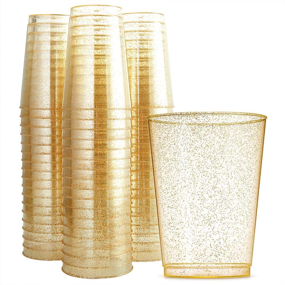 100-Pack 12oz Gold Disposable Plastic Cups & 120 Gold Plastic Plates - Elegant Party Tableware for Weddings, Birthdays, and Special Events