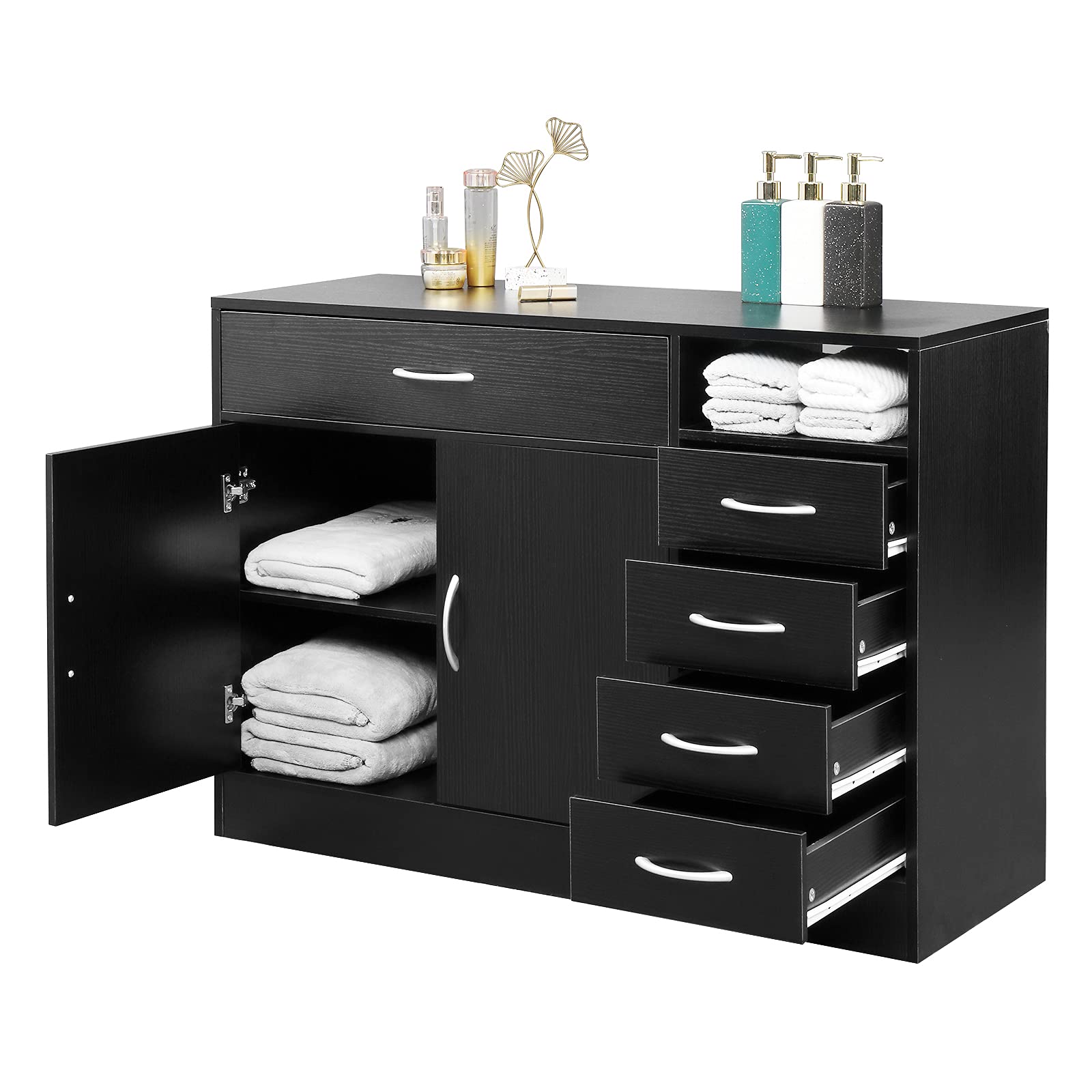 Professional Wooden Salon Storage Cabinet for Hair Styling & Spa Equipment - Large Capacity Beauty Station Organizer with Drawers | Perfect for Barber Shops, Home Salons & Bathroom Storage (Black)