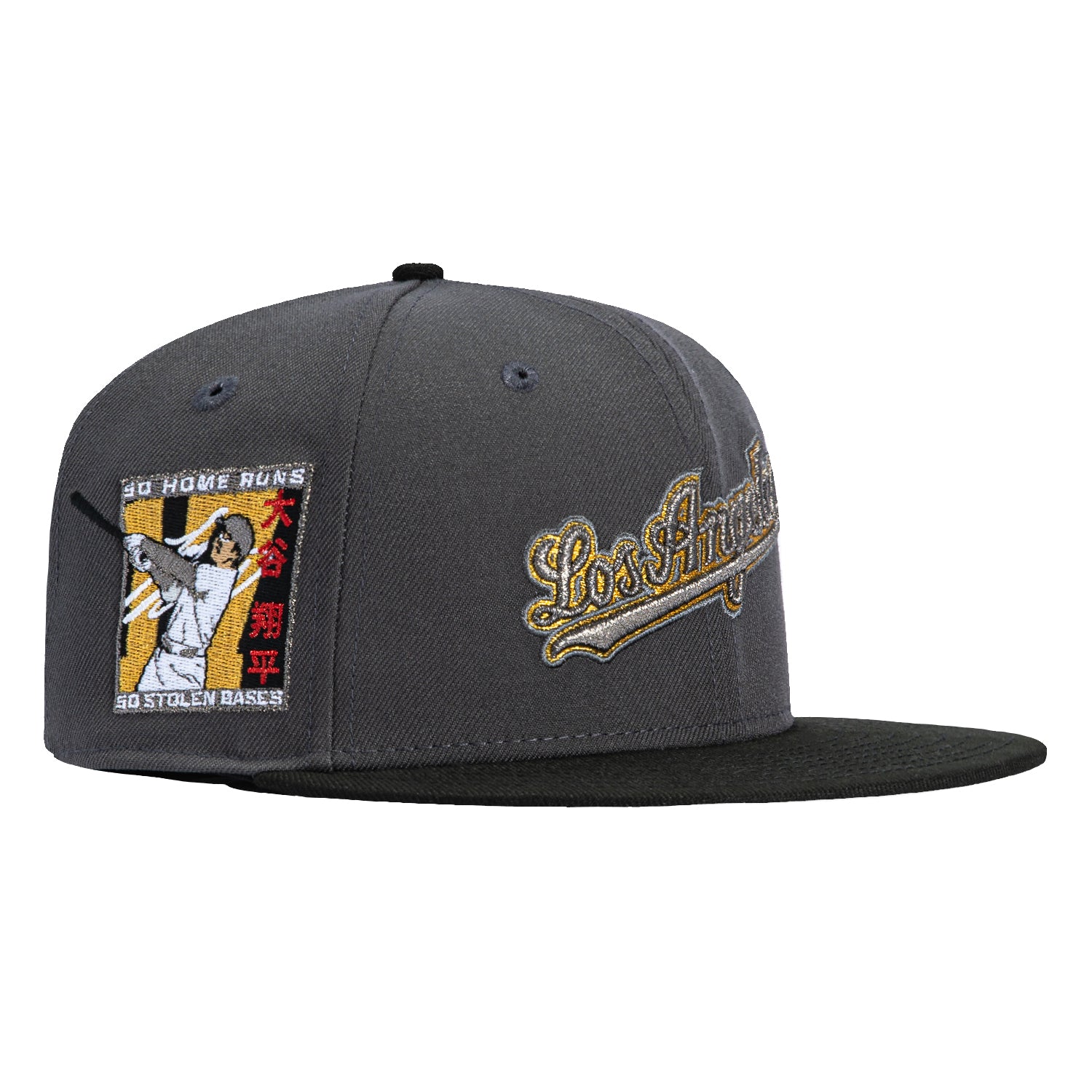 New Era 59Fifty Los Angeles Dodgers Shohei Ohtani 50/50 Patch Script Hat - Graphite, Black & Metallic Gold | Official MLB Baseball Cap for Men & Women | Perfect for Baseball Games, Sports Events & Streetwear Fashion