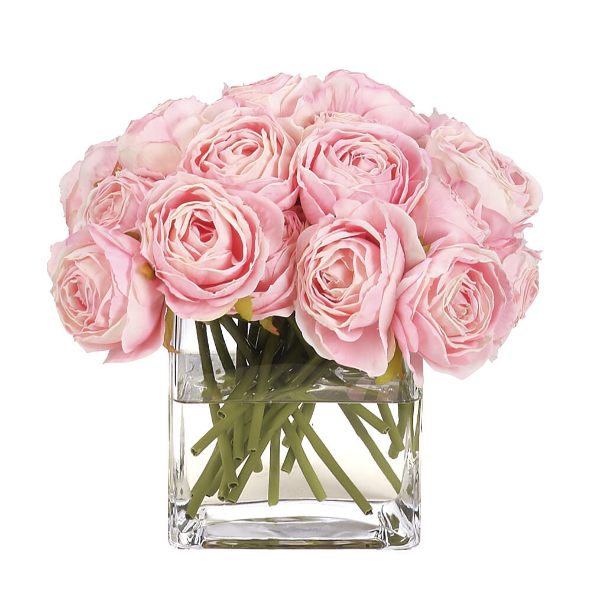 8 Faux Pink Rose Water Garden in Glass Cube - Elegant Home Decor for Living Room, Office, or Wedding Centerpiece