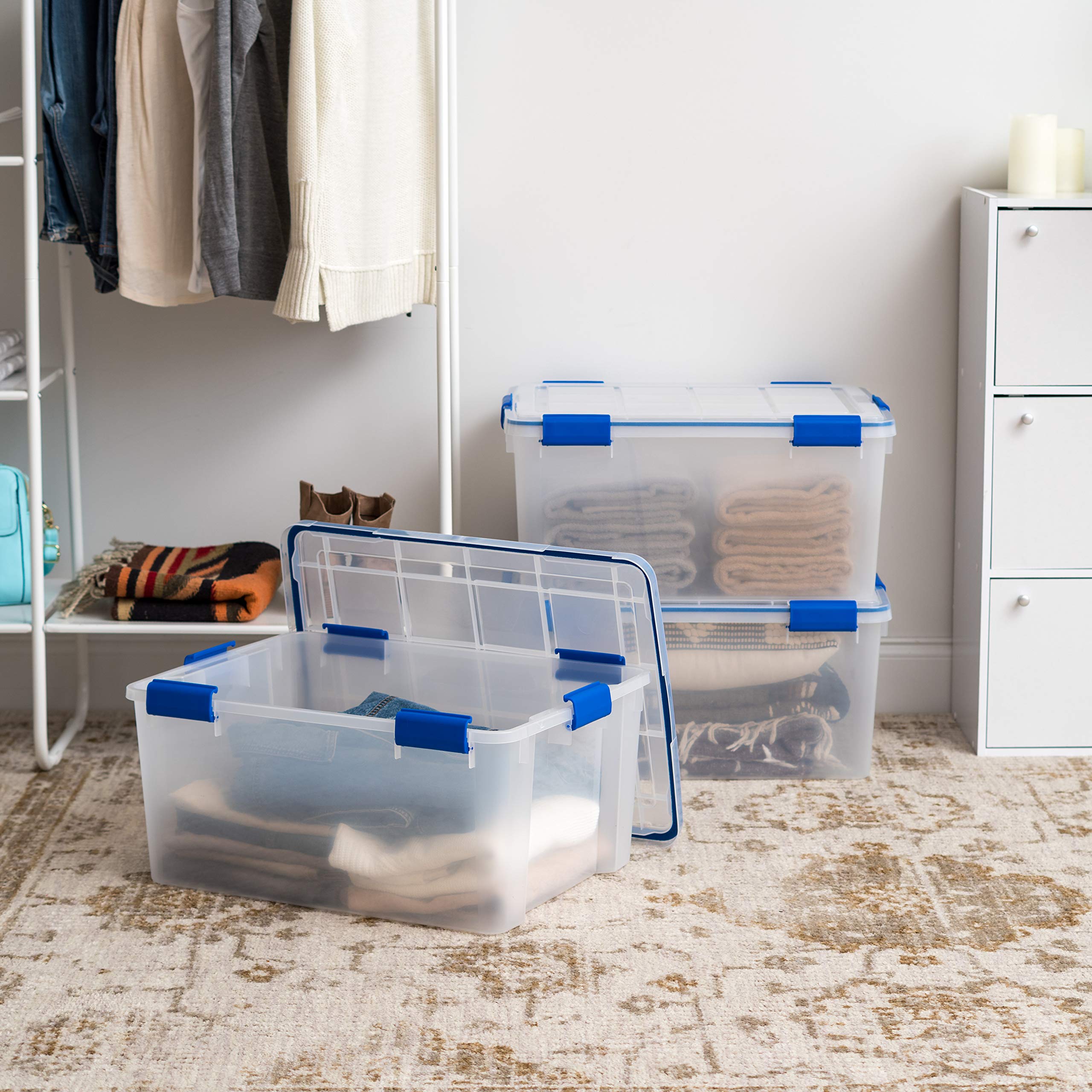 IRIS USA WeatherPro 60 Qt Storage Bins with Lids, 3-Pack BPA-Free Plastic Gasket Box - Airtight Seal, Stackable & Nestable Tote Tubs in Clear/Blue - Perfect for Home Organization, Garage Storage & Seasonal Clothes