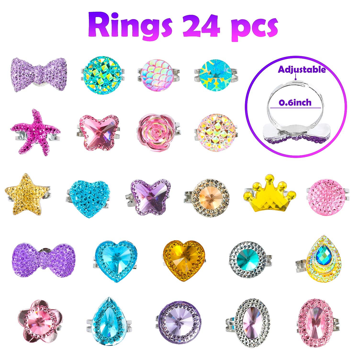 WATINC 24Pcs Adjustable Princess Pretend Jewelry Rings Set for Girls - Sparkling Rhinestone Dress Up Play Toys, Unique Diamond Rings Gift Box for Little Girls - Perfect for Birthday Parties, Dress Up Play & Pretend Play