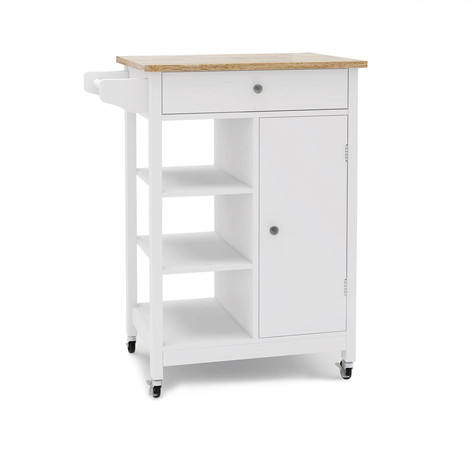 Portable Kitchen Island Cart with Wheels - Rolling Serving Trolley, Storage Cabinet with Drawers, Towel Rack & Open Shelves - Solid Rubber Wood Tabletop for Kitchen, Dining Room & Living Room - Perfect for Small Spaces, Entertaining & Extra Counter Space