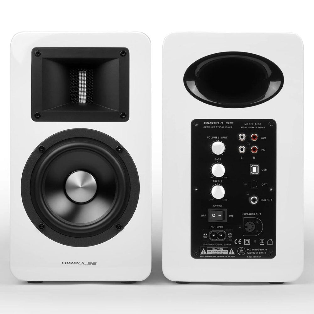Airpulse A100 Wireless Bluetooth Bookshelf Speakers - HiFi Stereo Sound, 2.0 Active Studio Monitor for Home Audio, White - Perfect for Living Room, Bedroom & Home Theater Systems