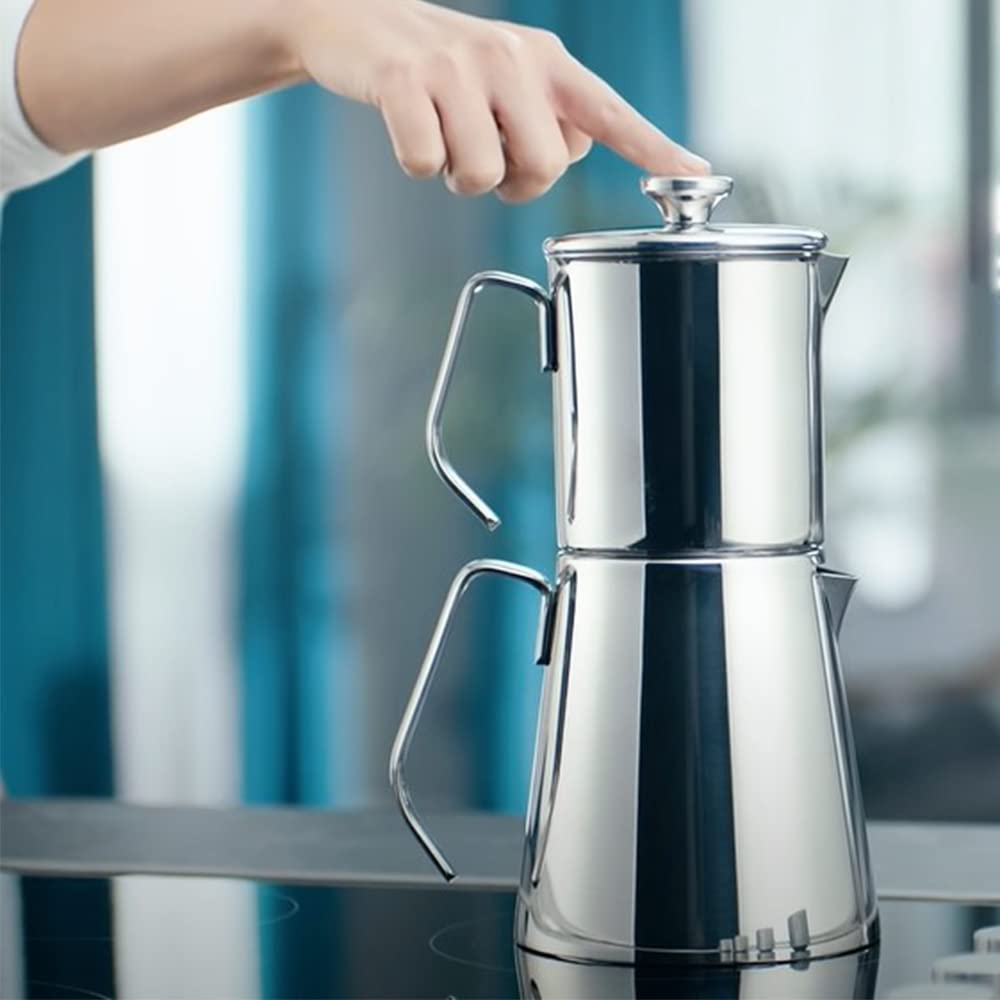 Korkmaz A225 Aqua Turkish Teapot Set - 18/10 Stainless Steel Double French Press Samovar Tea Kettle with Metal Handles (30oz/900ml & 50oz/1500ml) - Perfect for Turkish Coffee, Tea Brewing & Home Kitchen Decor