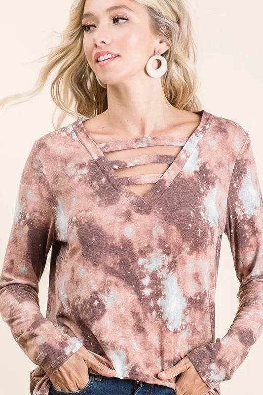 BiBi Tie Dye French Terry V-Neck T-Shirt for Women | Soft Casual Top | Perfect for Summer Outfits, Beach Wear & Lounge