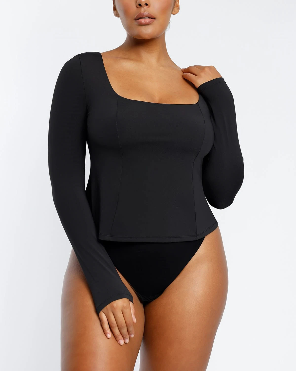2-in-1 Built-in Shapewear Scoop Neck Long Sleeve Sculpting Top for Women | Slimming Tummy Control Bodysuit for Everyday Wear & Layering