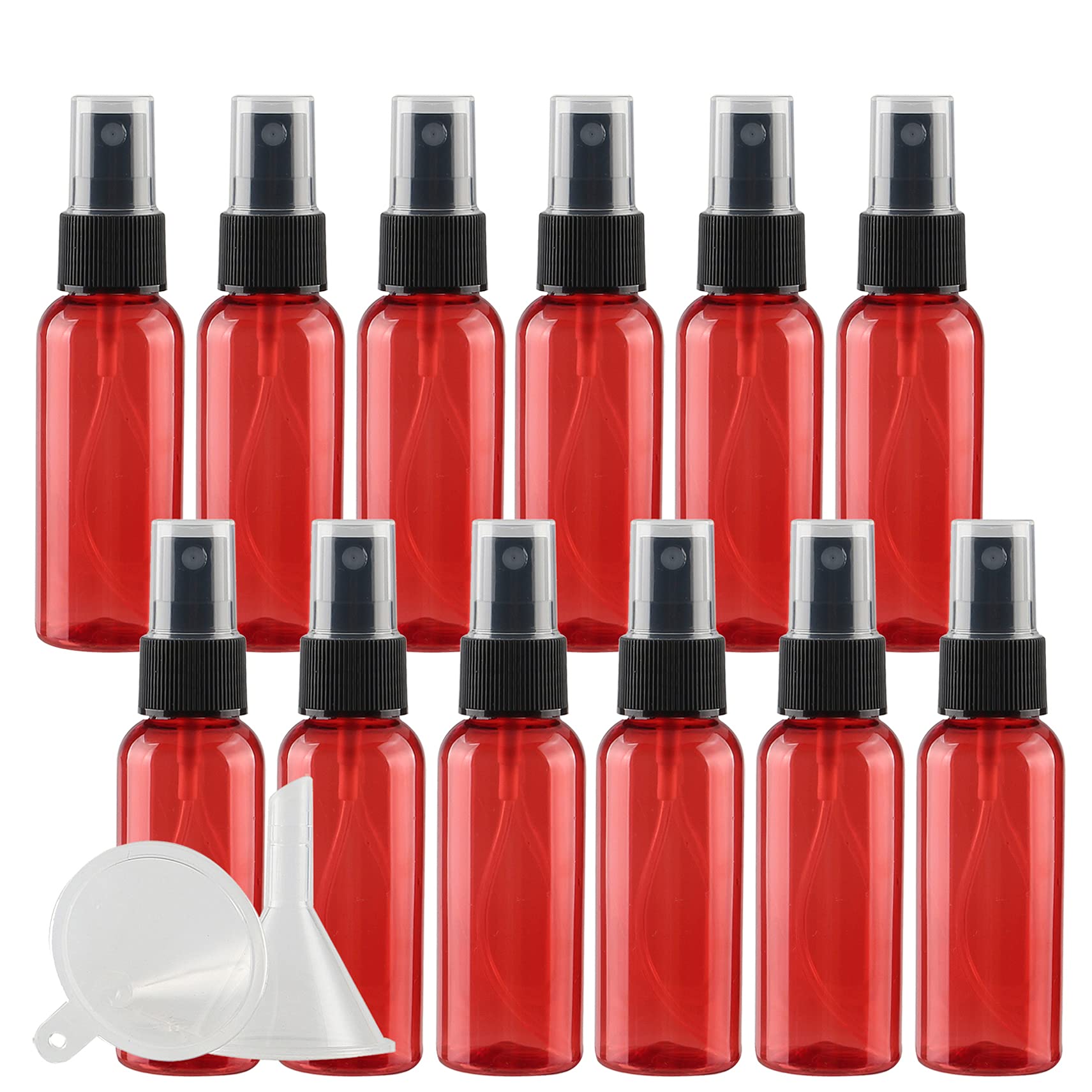 PQPAUTY 200-Pack 50ml Red PET Plastic Fine Mist Spray Bottles with Black Sprayer - Refillable Travel Perfume & Cosmetic Containers - Includes 10 Funnels - Ideal for DIY Beauty, Essential Oils & Travel Toiletries