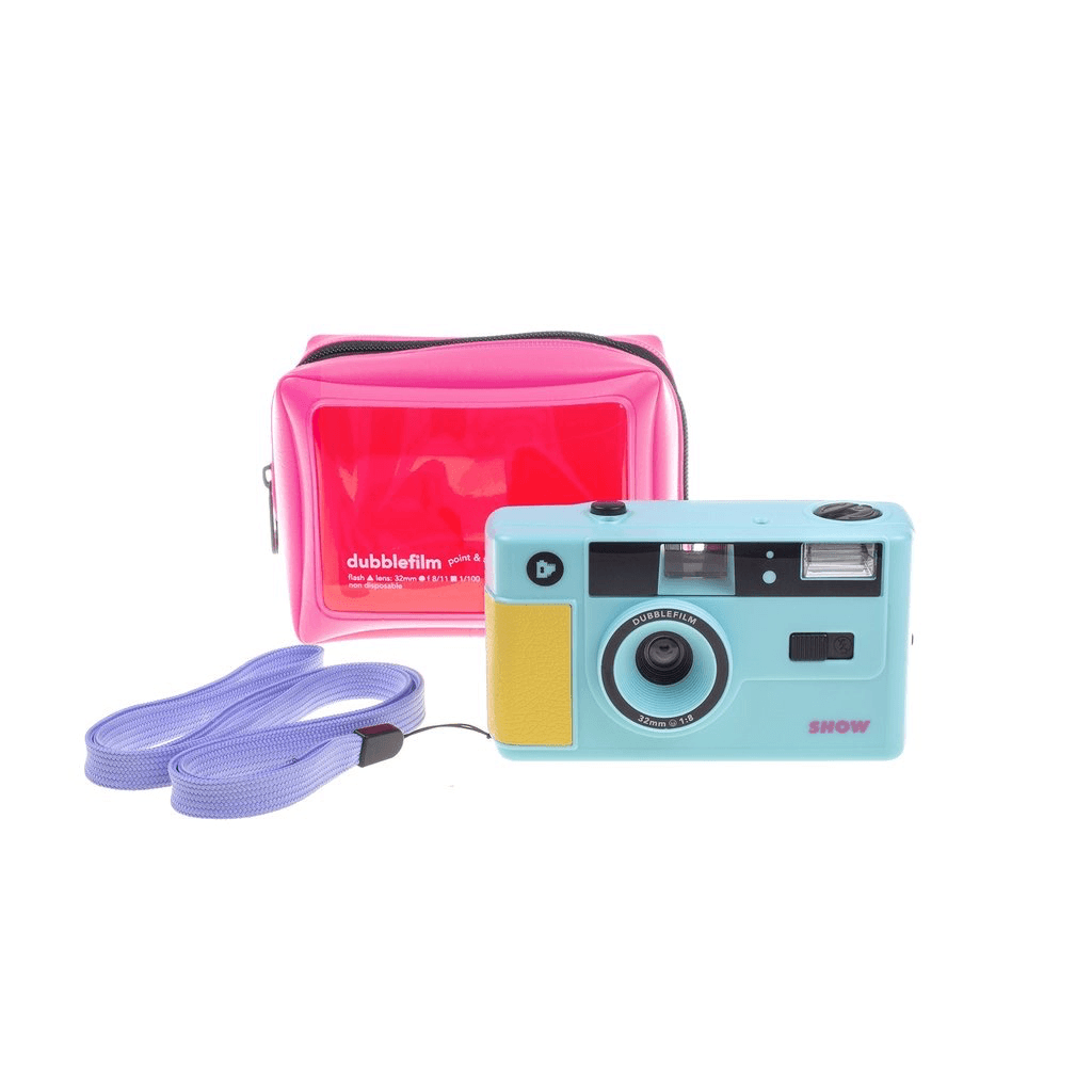 Dubblefilm SHOW 35mm Film Camera in Turquoise with Flash, Case & Strap - Vintage Style Point & Shoot Camera for Travel, Street Photography & Creative Shooting