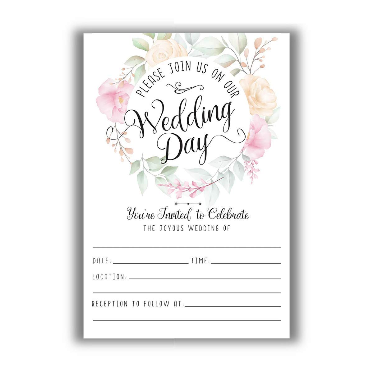 Elegant Pastel Rose Wreath Wedding Invitation Kit - 25 Blank Floral Invitations & Envelopes Set - Minimalist DIY Wedding Stationery for Bridal Shower, Engagement Party & Formal Wedding Events
