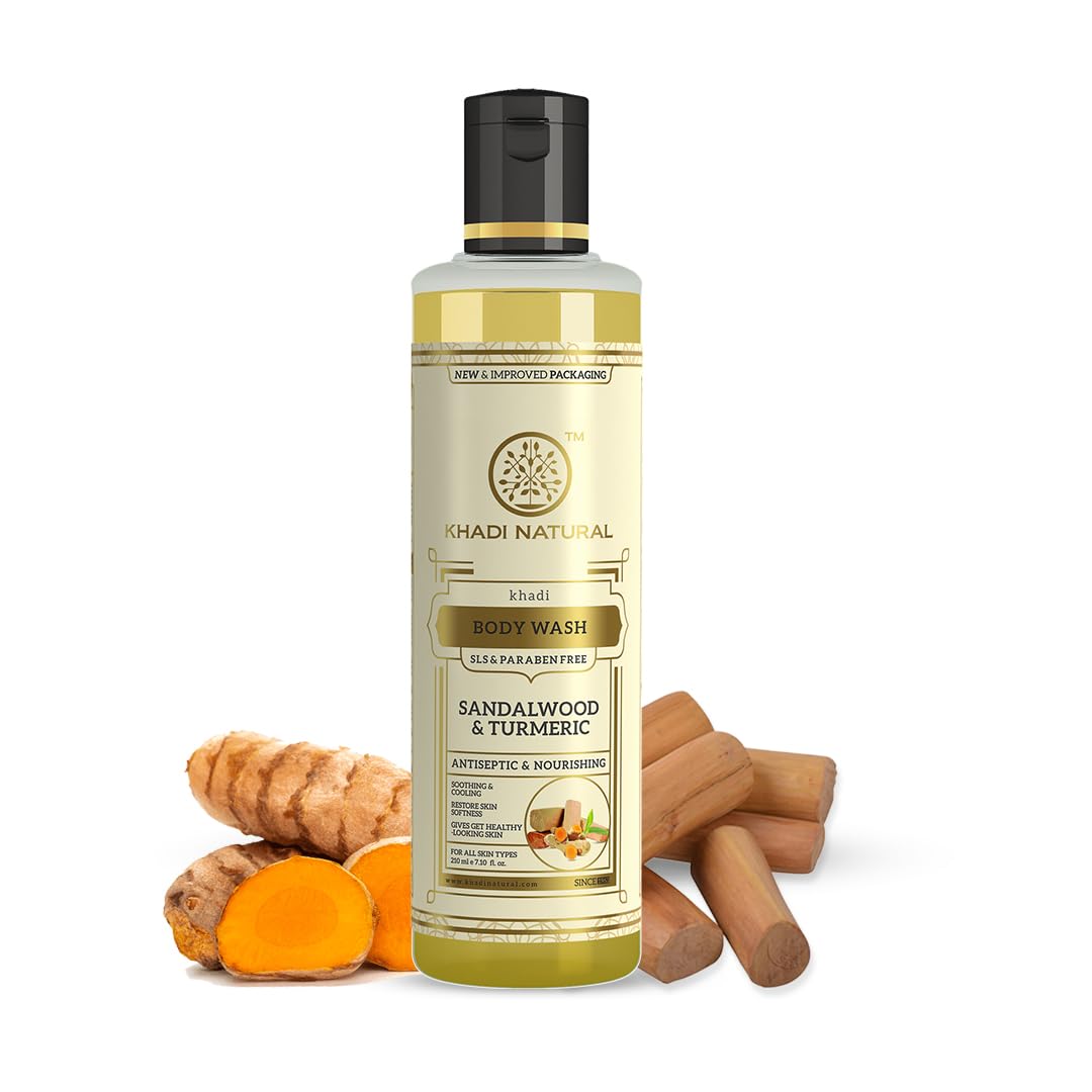 Khadi Herbal Sandal & Turmeric Body Wash - SLS & Paraben Free, 210ml | Natural Ayurvedic Cleanser for Dry & Sensitive Skin | Perfect for Daily Shower & Spa Relaxation